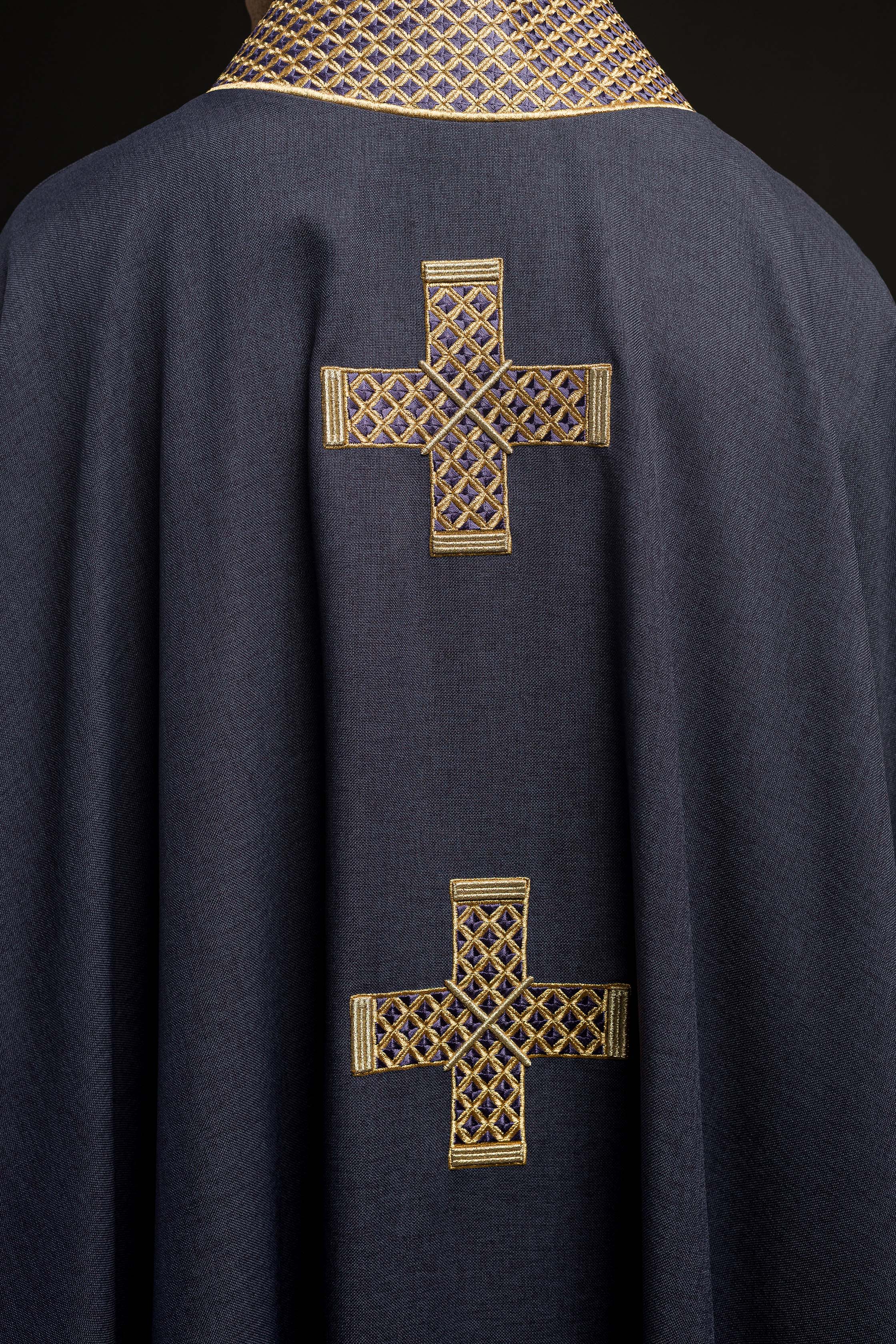Dark purple chasuble with embroidered crosses