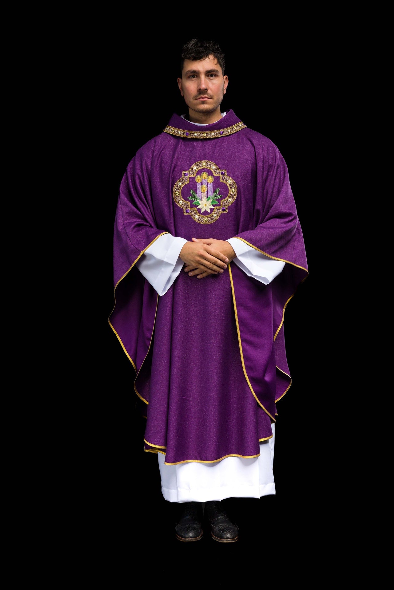 Embroidered Chasuble for Advent Made of Shiny Fabric
