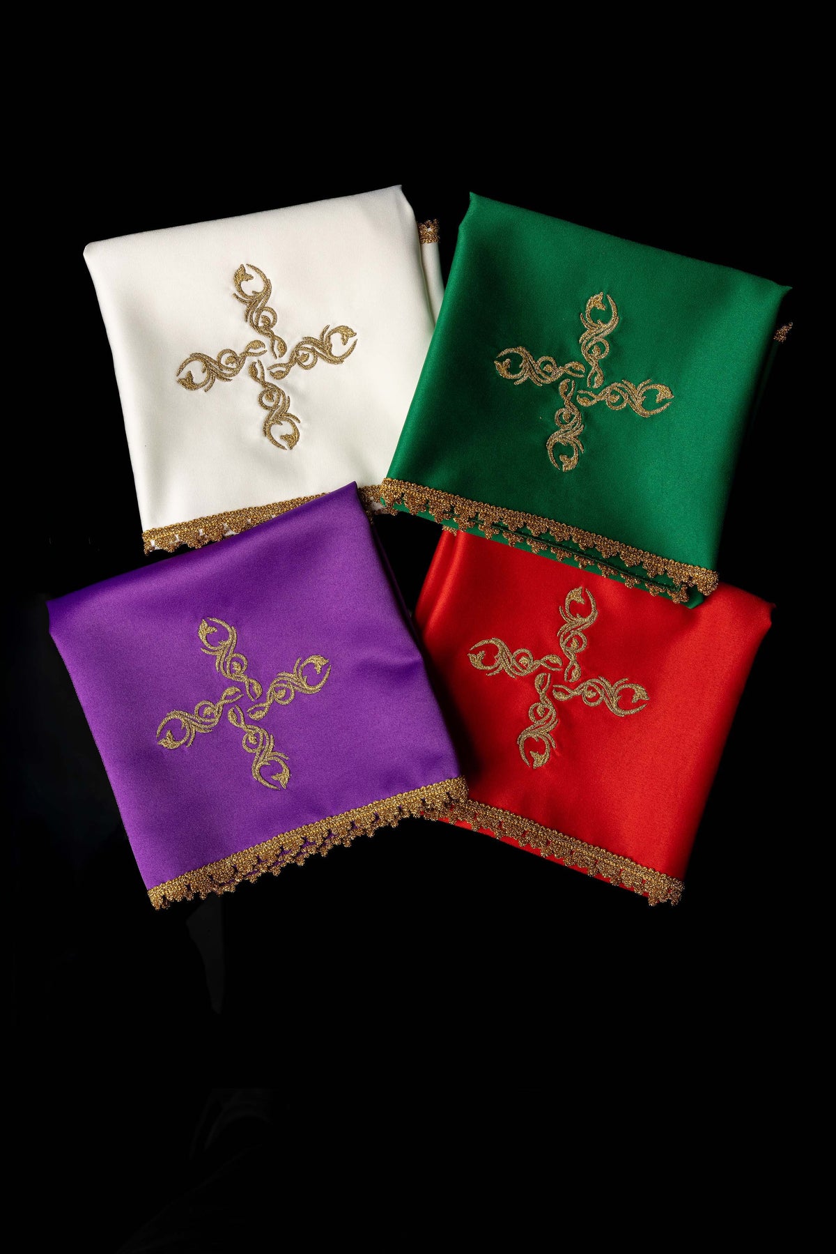 Set of Four Chalice Veils with Embroidered Cross Motif