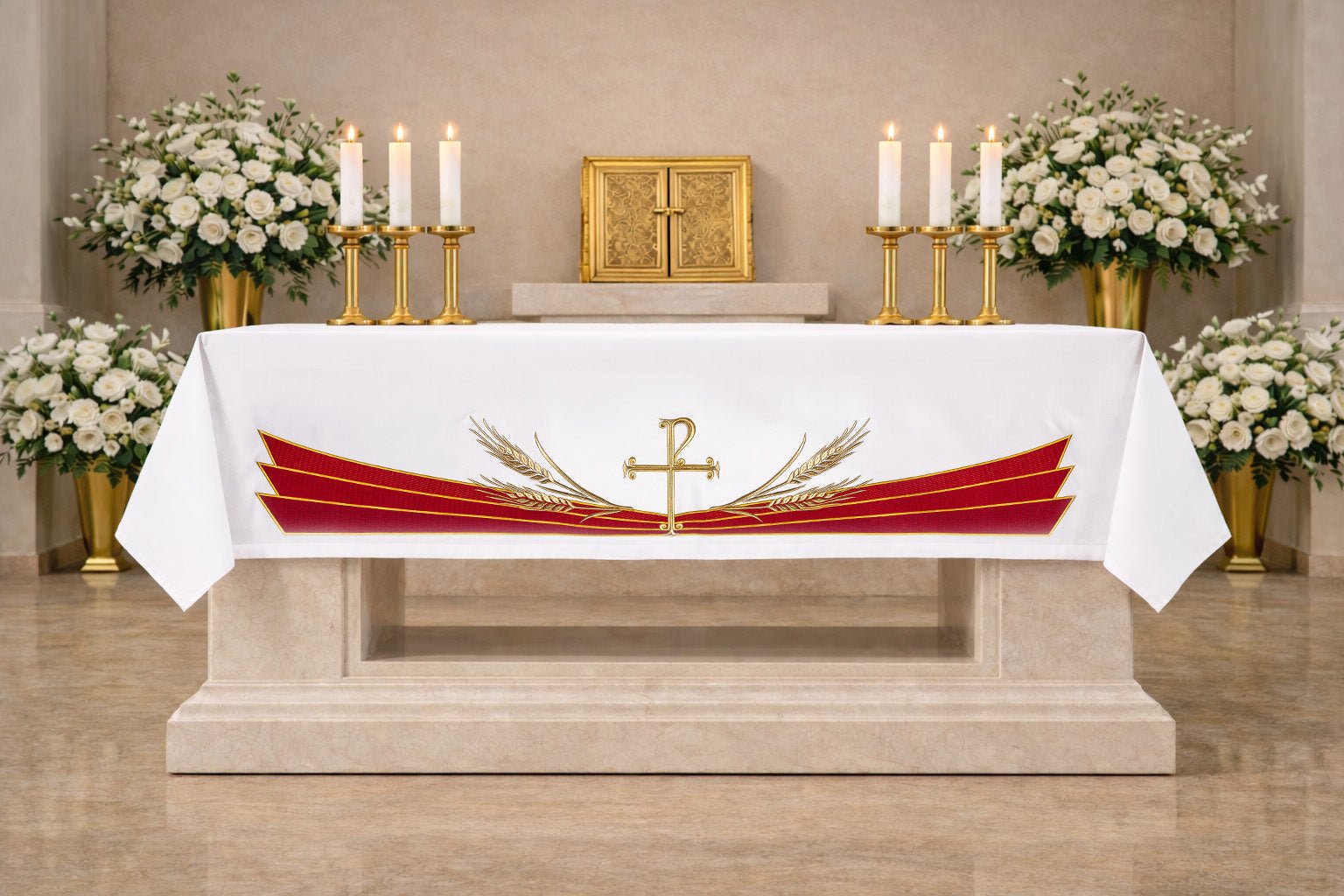 Altar cloth with an embroidered Pax symbol LE/8850/C2 150*300 - CHASUBLES.COM