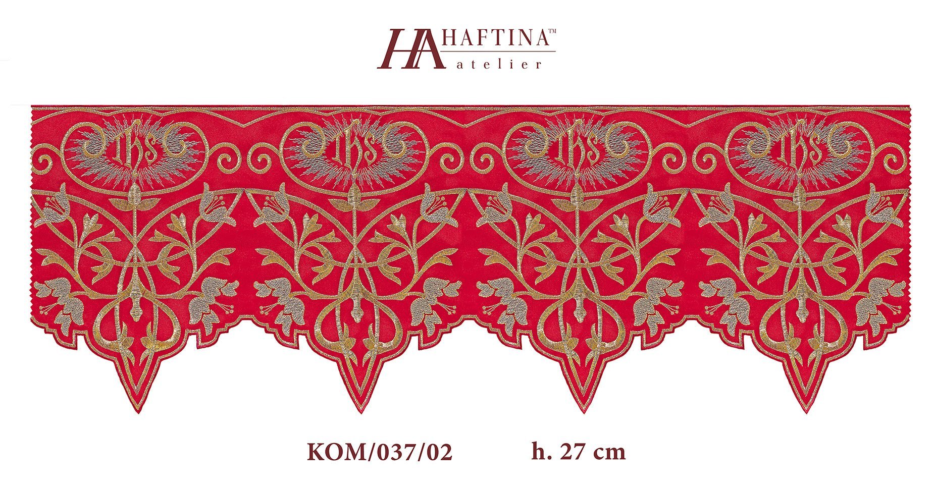 Altar superfrontal in red with gold IHS embroidery KOM/037/02 27cm 3,5m - HAFTINAUSA.COM