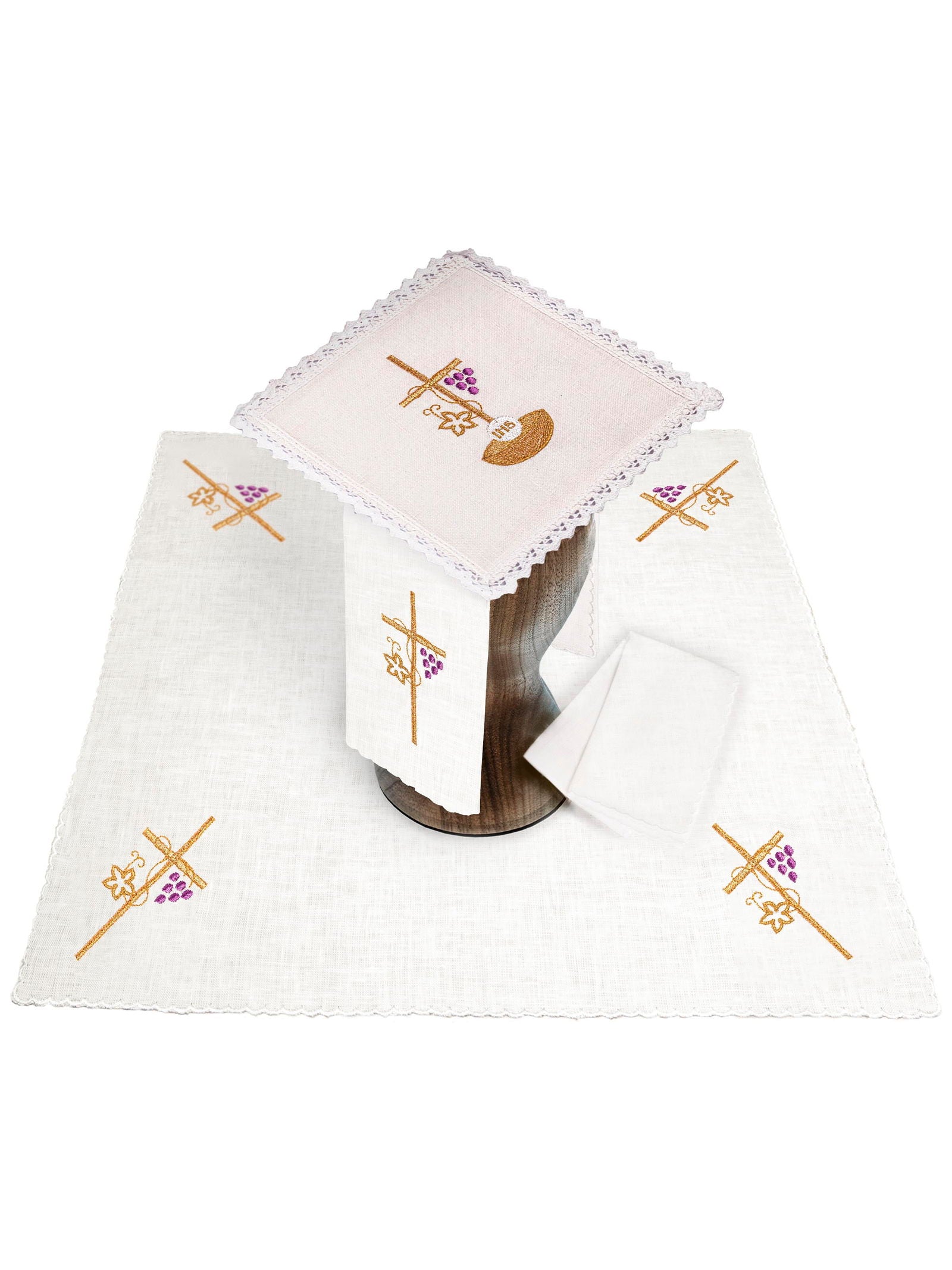 Linen chalice linens set embroidered with IHS grapes and a cross - CHASUBLES.COM