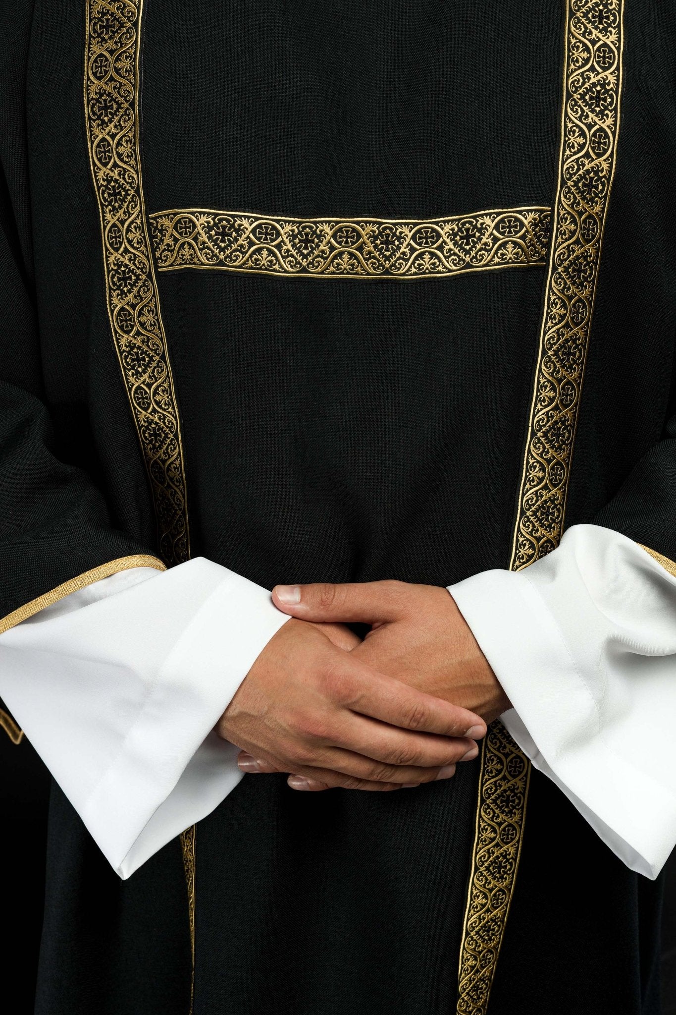Black dalmatic decorated with gold jacquard ribbons KDL/395/07/70/B - CHASUBLES.COM