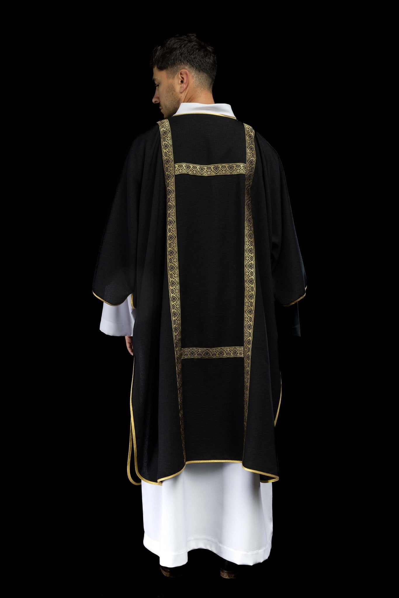 Black dalmatic decorated with gold jacquard ribbons KDL/395/07/70/B - CHASUBLES.COM