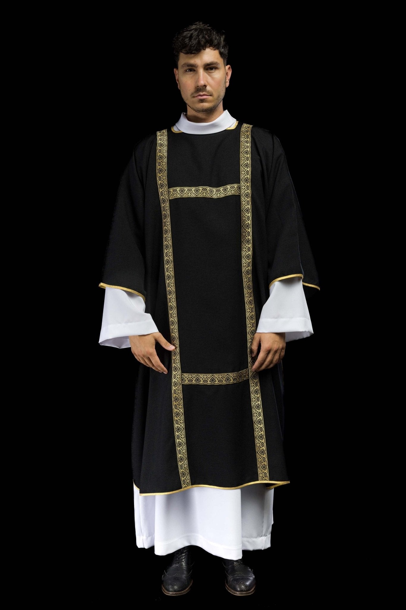 Black dalmatic decorated with gold jacquard ribbons KDL/395/07/70/B - CHASUBLES.COM