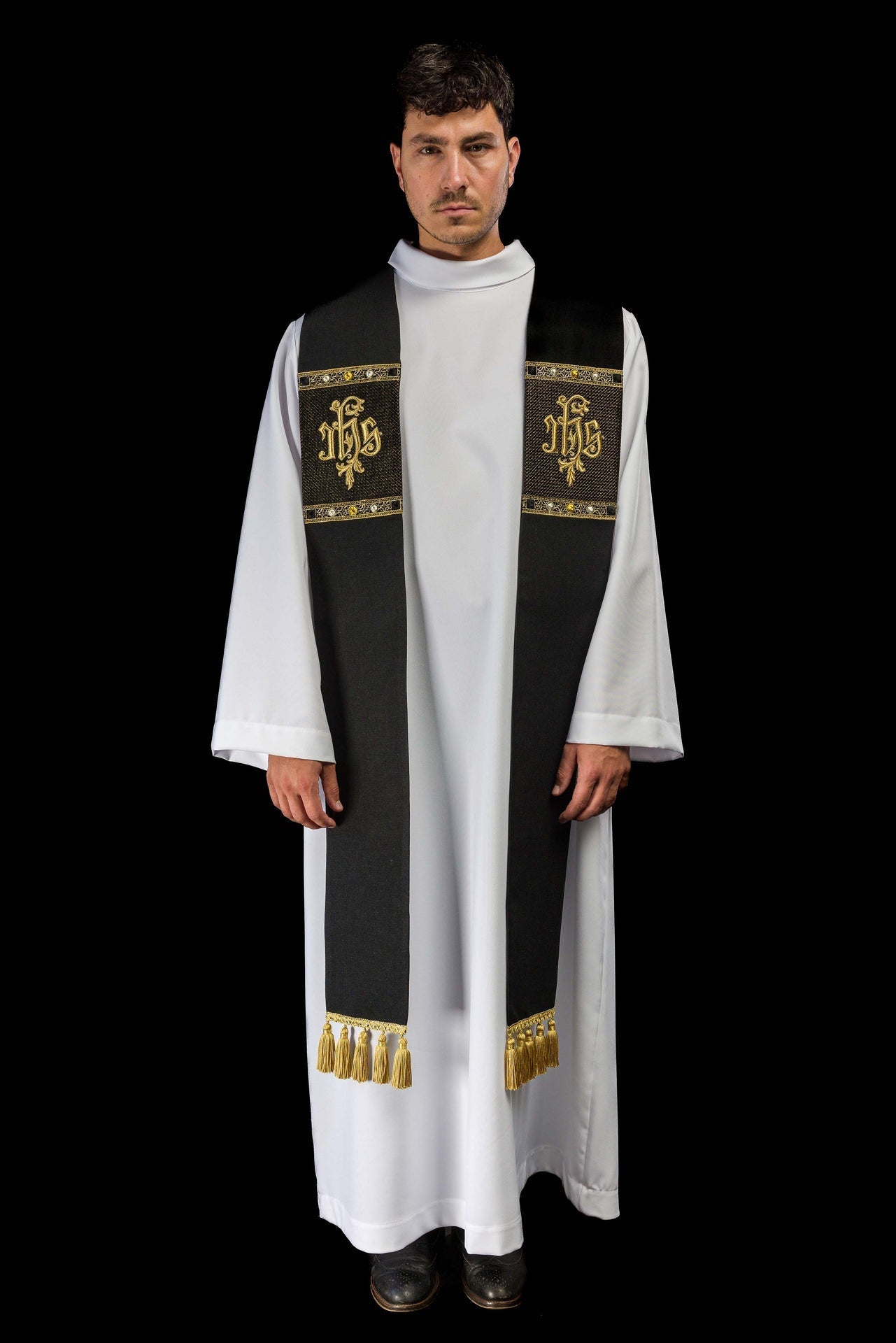 Black Embroidered Stole with IHS Motif S-2067-07-70 - CHASUBLES.COM