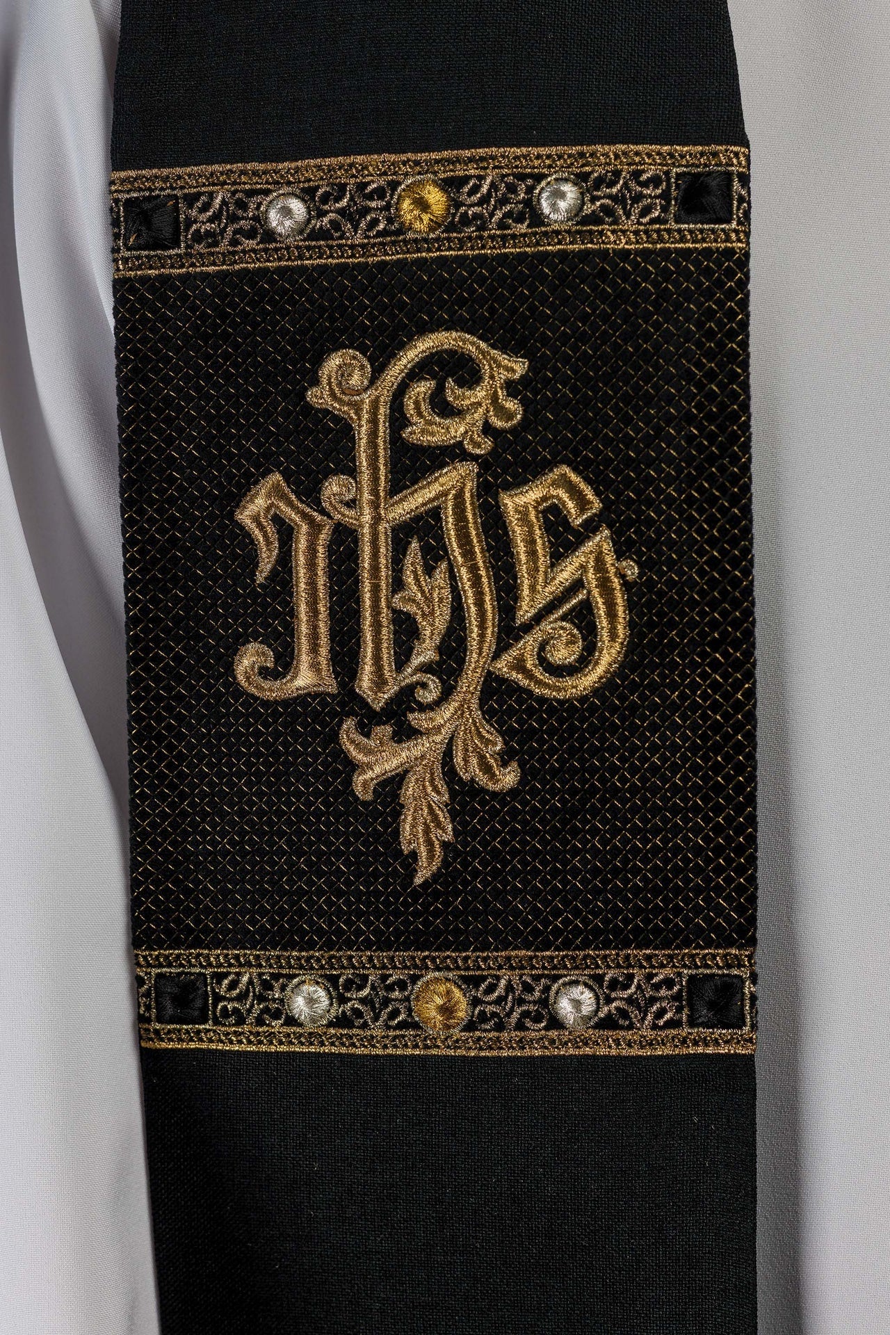 Black Embroidered Stole with IHS Motif S-2067-07-70 - CHASUBLES.COM