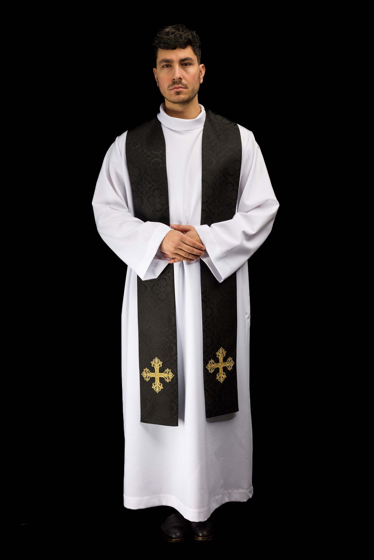 Black jacquard stole embroidered with a cross motif KST/967/07/11 - CHASUBLES.COM