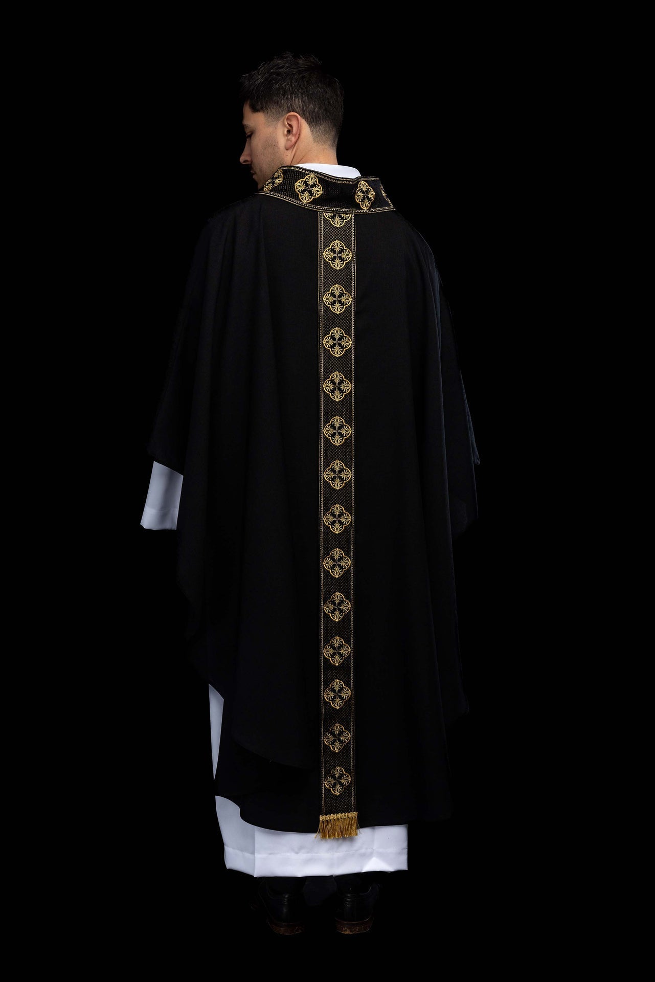 Black liturgical chasuble with an embroidered orphrey and a cross - patterned collar S-7069-07-70 - CHASUBLES.COM