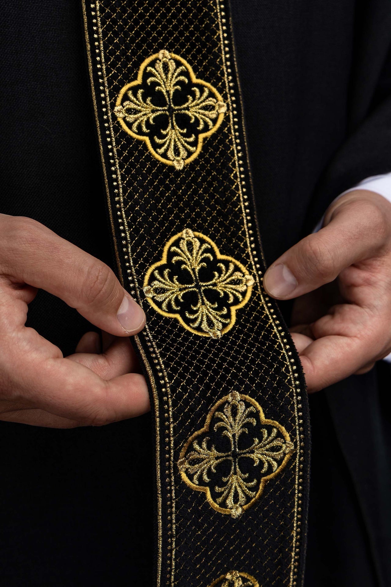 Black liturgical chasuble with an embroidered orphrey and a cross - patterned collar S-7069-07-70 - CHASUBLES.COM