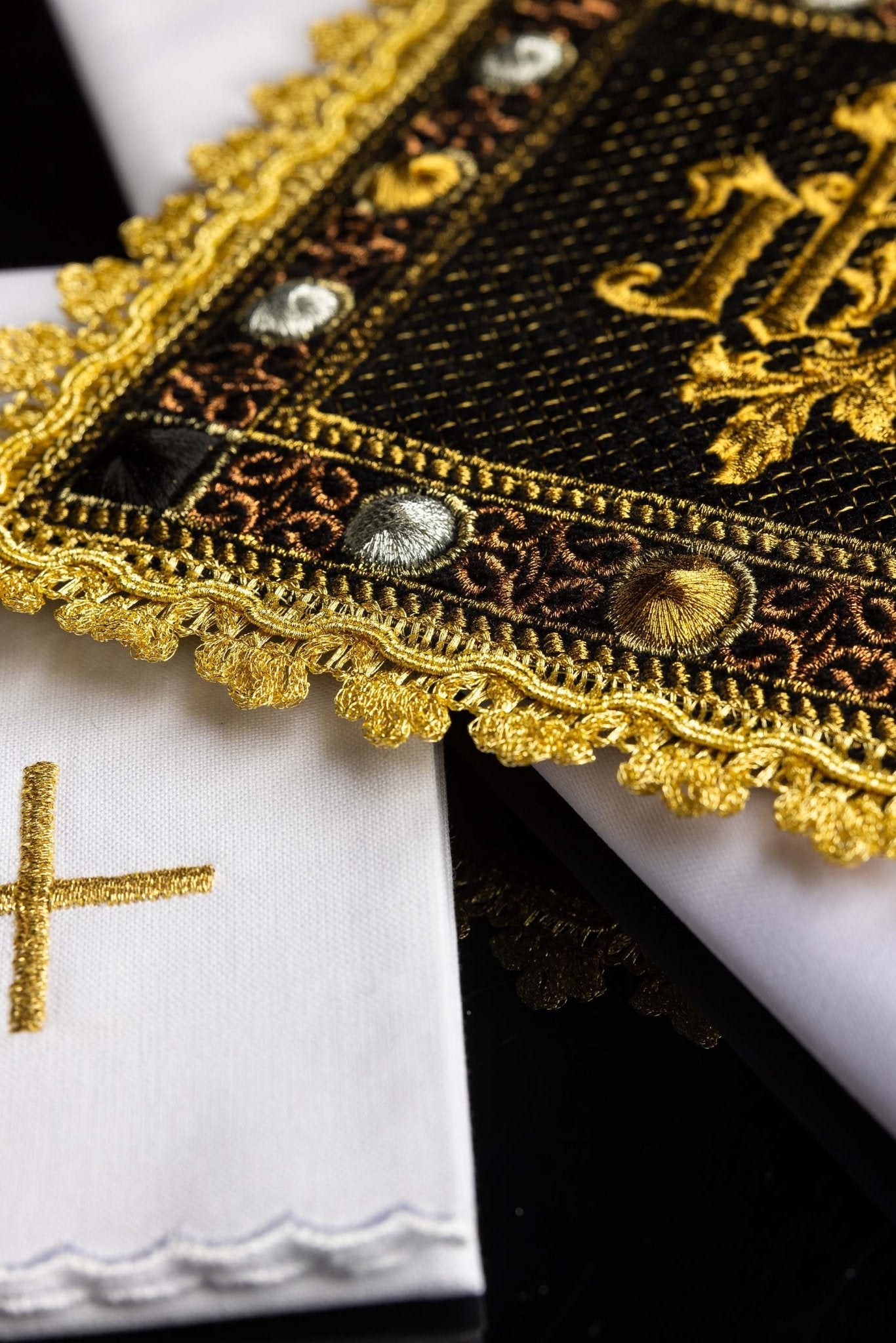 Black velvet chalice linens set with an embroidered IHS symbol S-5567-C6 - CHASUBLES.COM