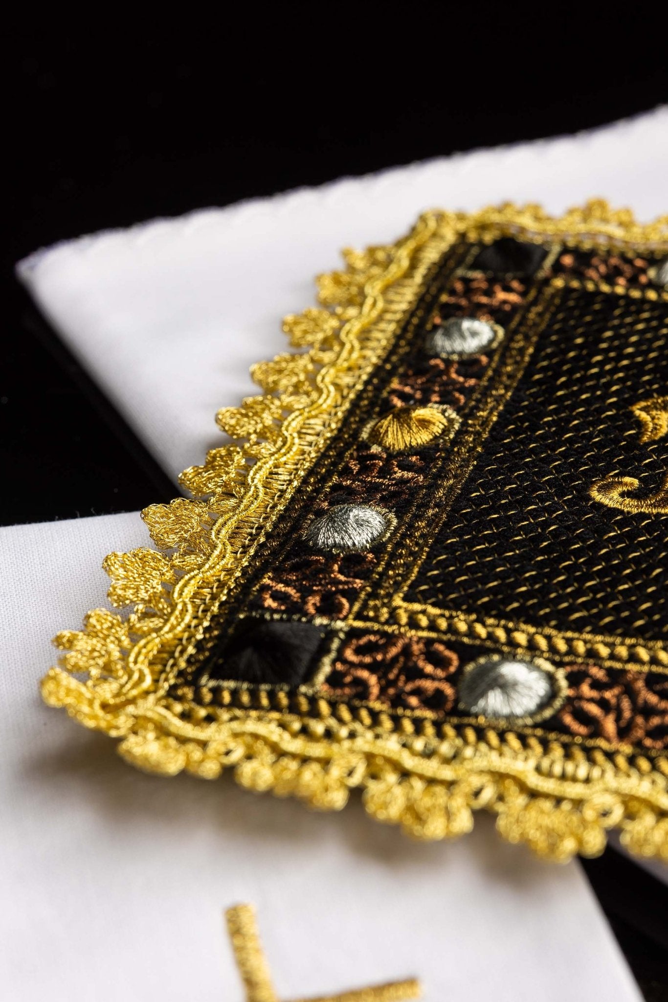 Black velvet chalice linens set with an embroidered IHS symbol S-5567-C6 - CHASUBLES.COM