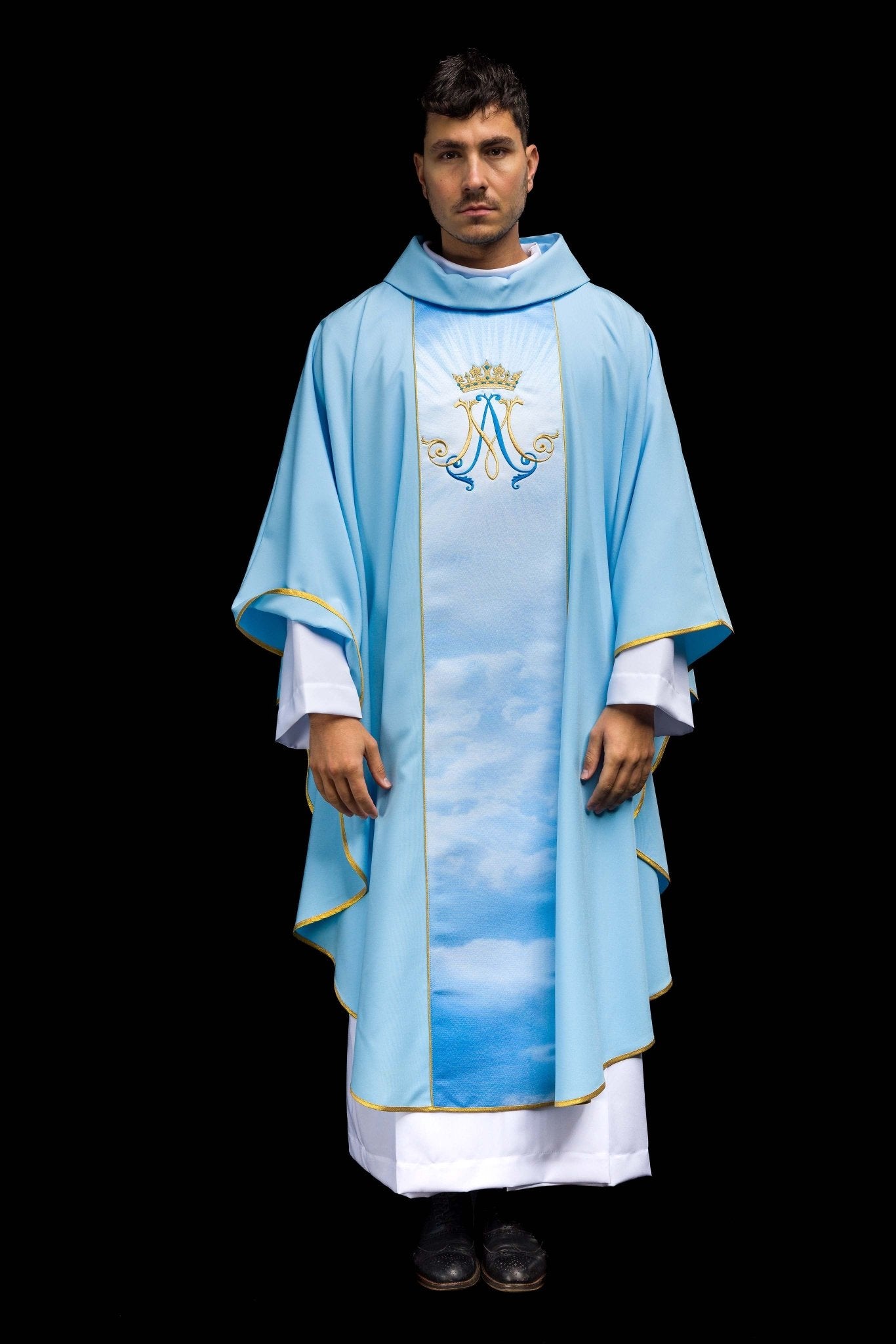 Blue Marian liturgical chasuble with sublimated and embroidered belt HA7020-06 NIEBIESKI - CHASUBLES.COM