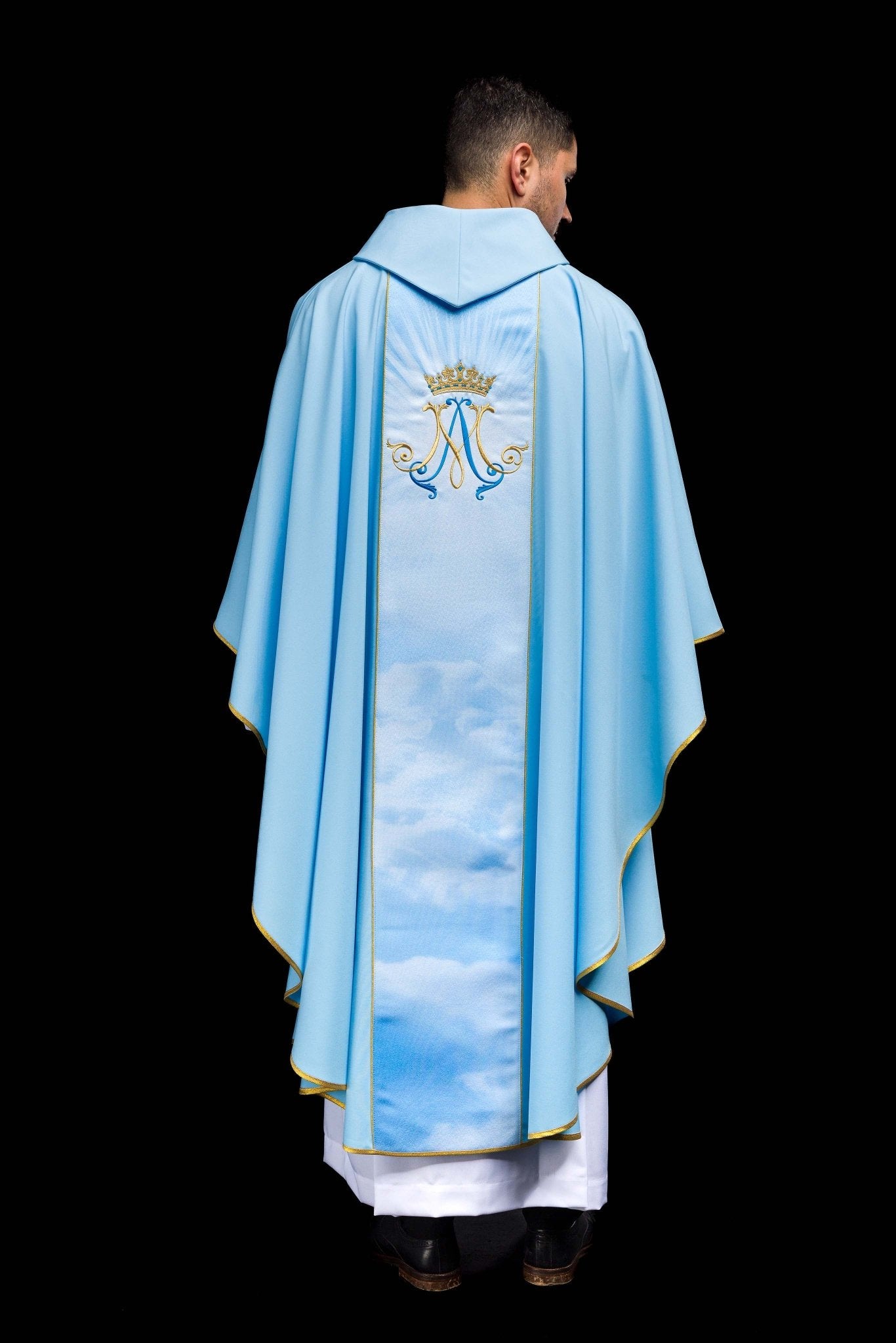 Blue Marian liturgical chasuble with sublimated and embroidered belt HA7020-06 NIEBIESKI - CHASUBLES.COM