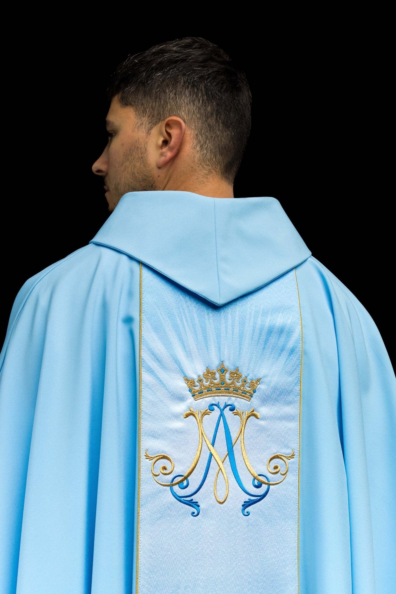Blue Marian liturgical chasuble with sublimated and embroidered belt HA7020-06 NIEBIESKI - CHASUBLES.COM