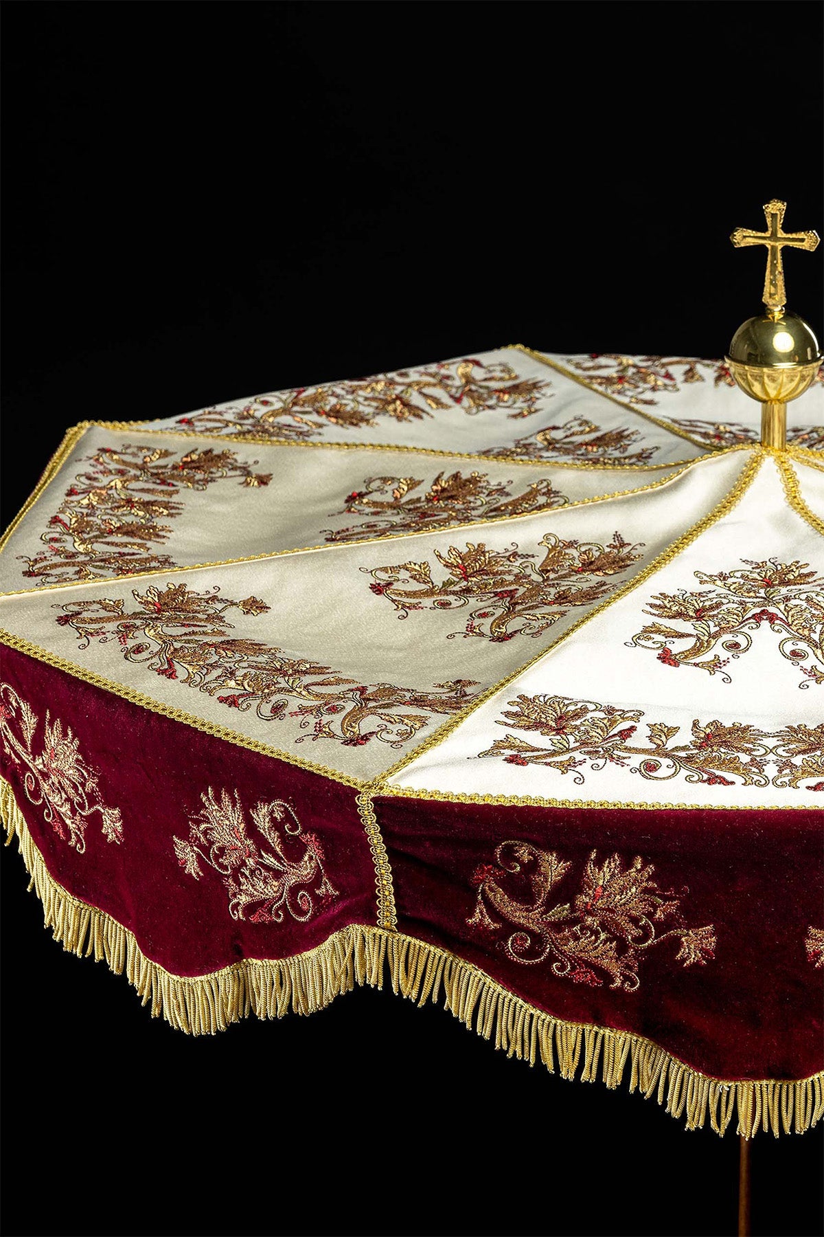 Burgundy Processional Umbrella (Ombrellino) Velvet Gold Embroidery 39 in KPP/006/05/20/PA - CHASUBLES.COM