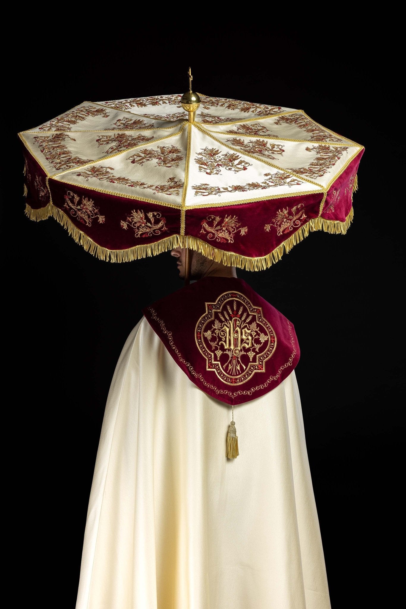 Burgundy Processional Umbrella (Ombrellino) Velvet Gold Embroidery 39 in KPP/006/05/20/PA - CHASUBLES.COM