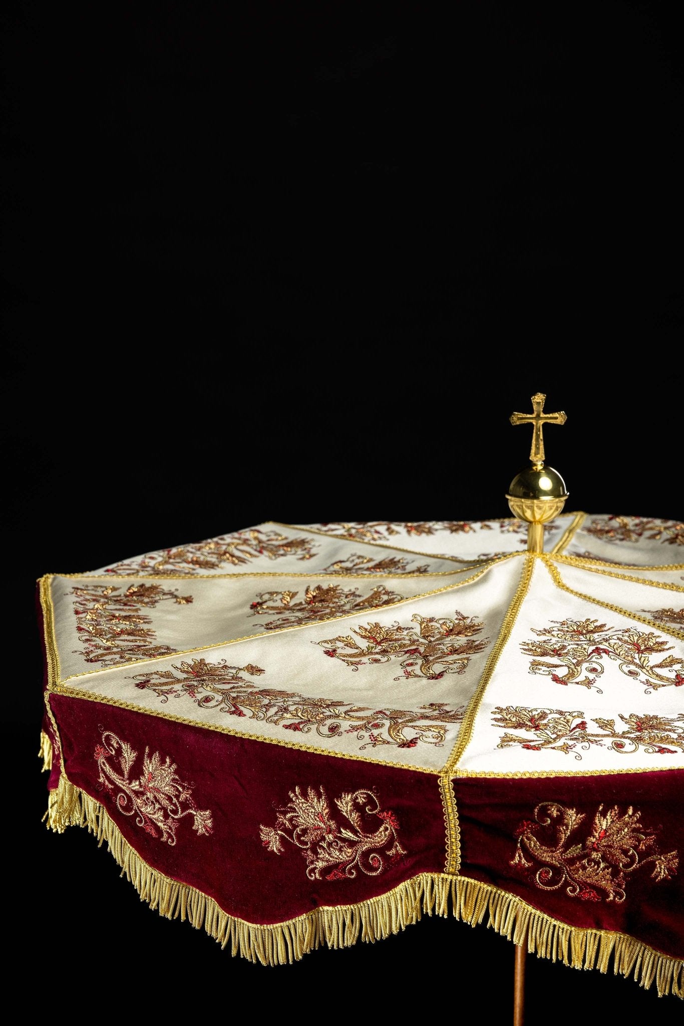 Burgundy Processional Umbrella (Ombrellino) Velvet Gold Embroidery 39 in KPP/006/05/20/PA - CHASUBLES.COM