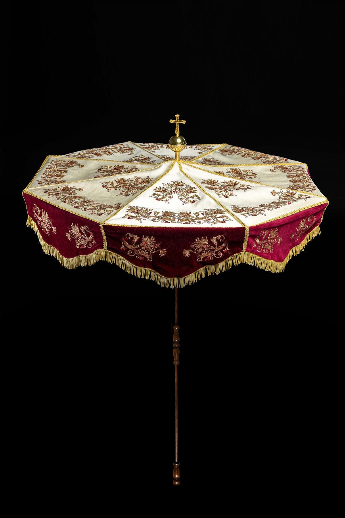 Burgundy Processional Umbrella (Ombrellino) Velvet Gold Embroidery 39 in KPP/006/05/20/PA - CHASUBLES.COM