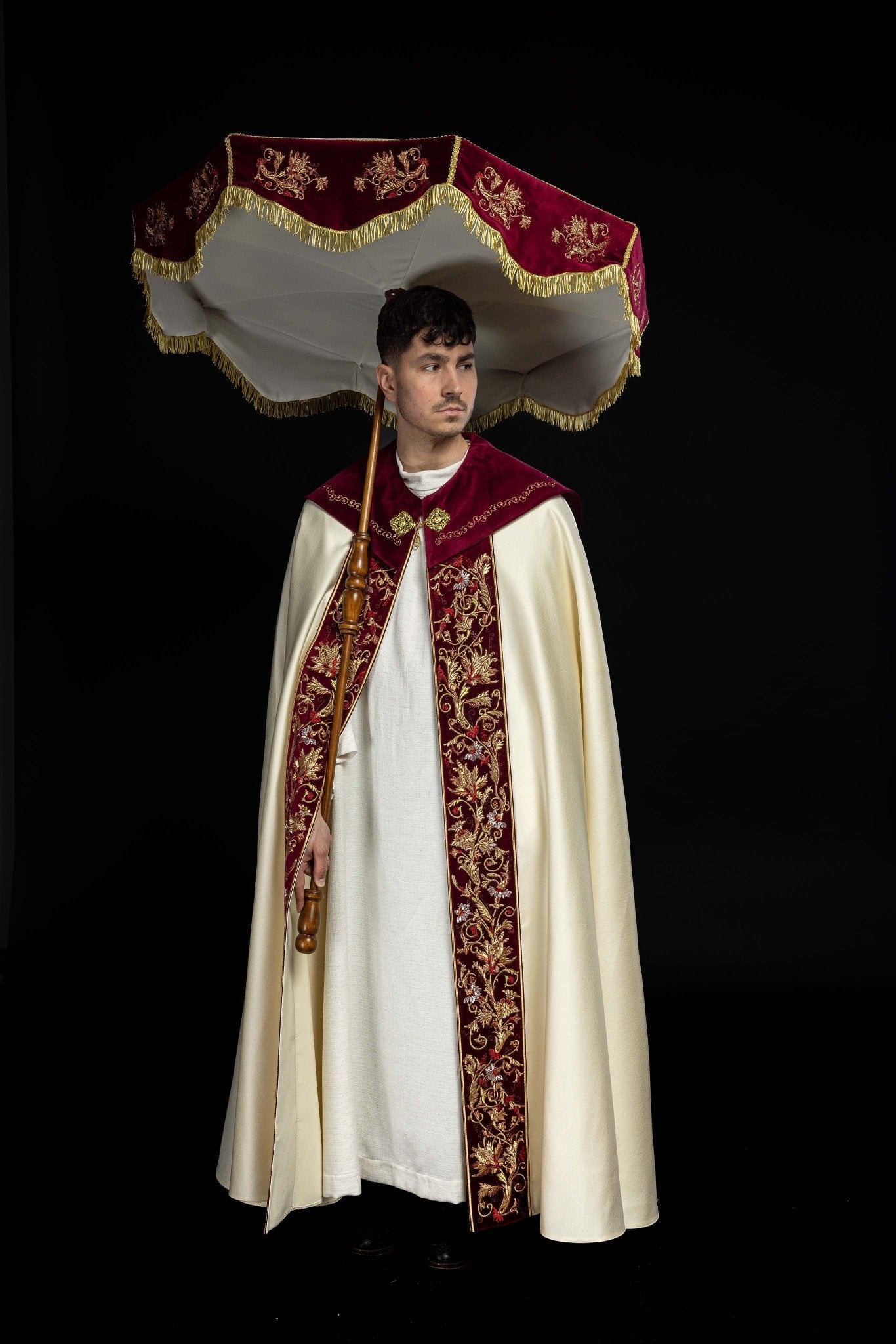 Burgundy Processional Umbrella (Ombrellino) Velvet Gold Embroidery 39 in KPP/006/05/20/PA - CHASUBLES.COM