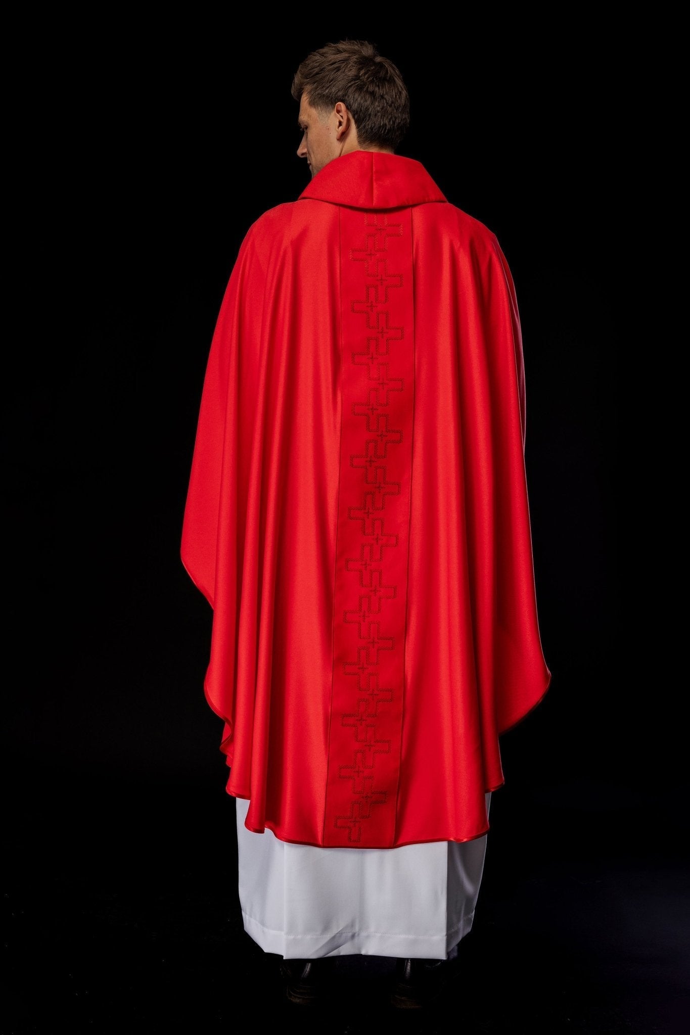Catholic priest chasuble in red embroidery of crosses in red color S - 7060 - 02 - 53 - HAFTINAUSA.COM