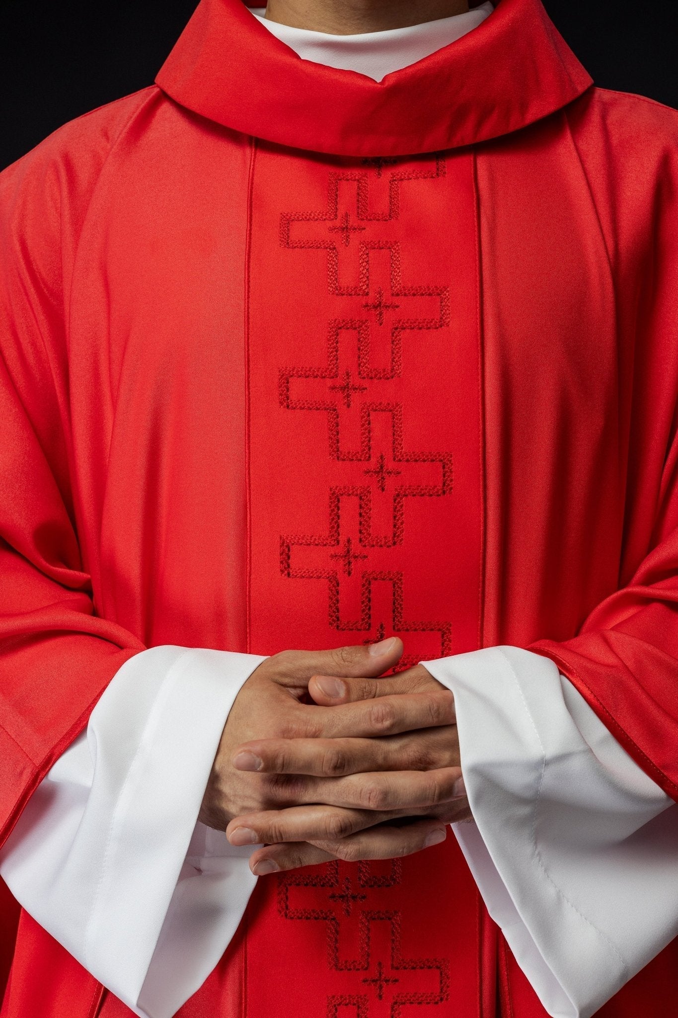 Catholic priest chasuble in red embroidery of crosses in red color S - 7060 - 02 - 53 - HAFTINAUSA.COM
