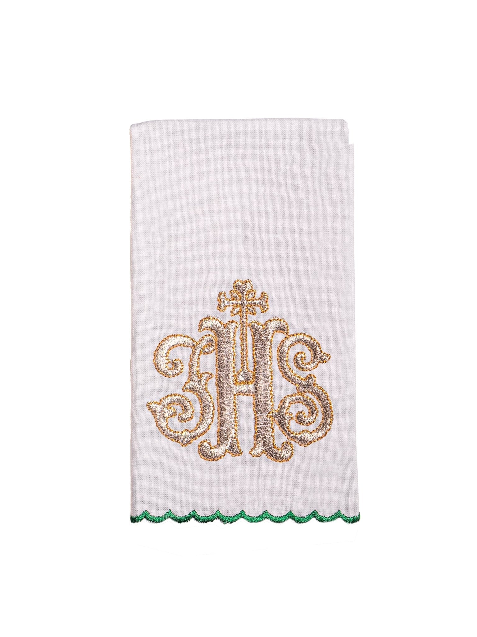 Chalice Linens Embroidered in Green with IHS KK/072/01 - HAFTINAUSA.COM