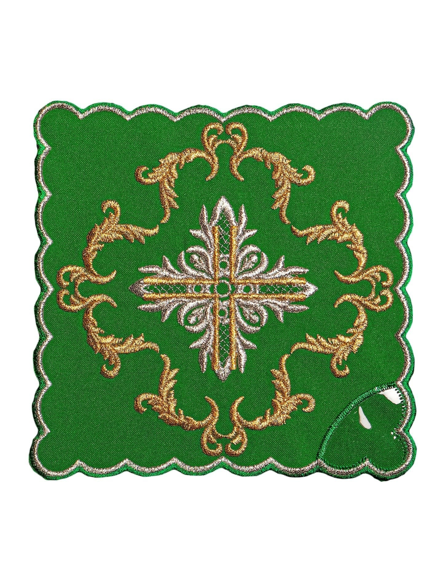 Chalice linens in green with silver cross KK/151/01 - HAFTINAUSA.COM