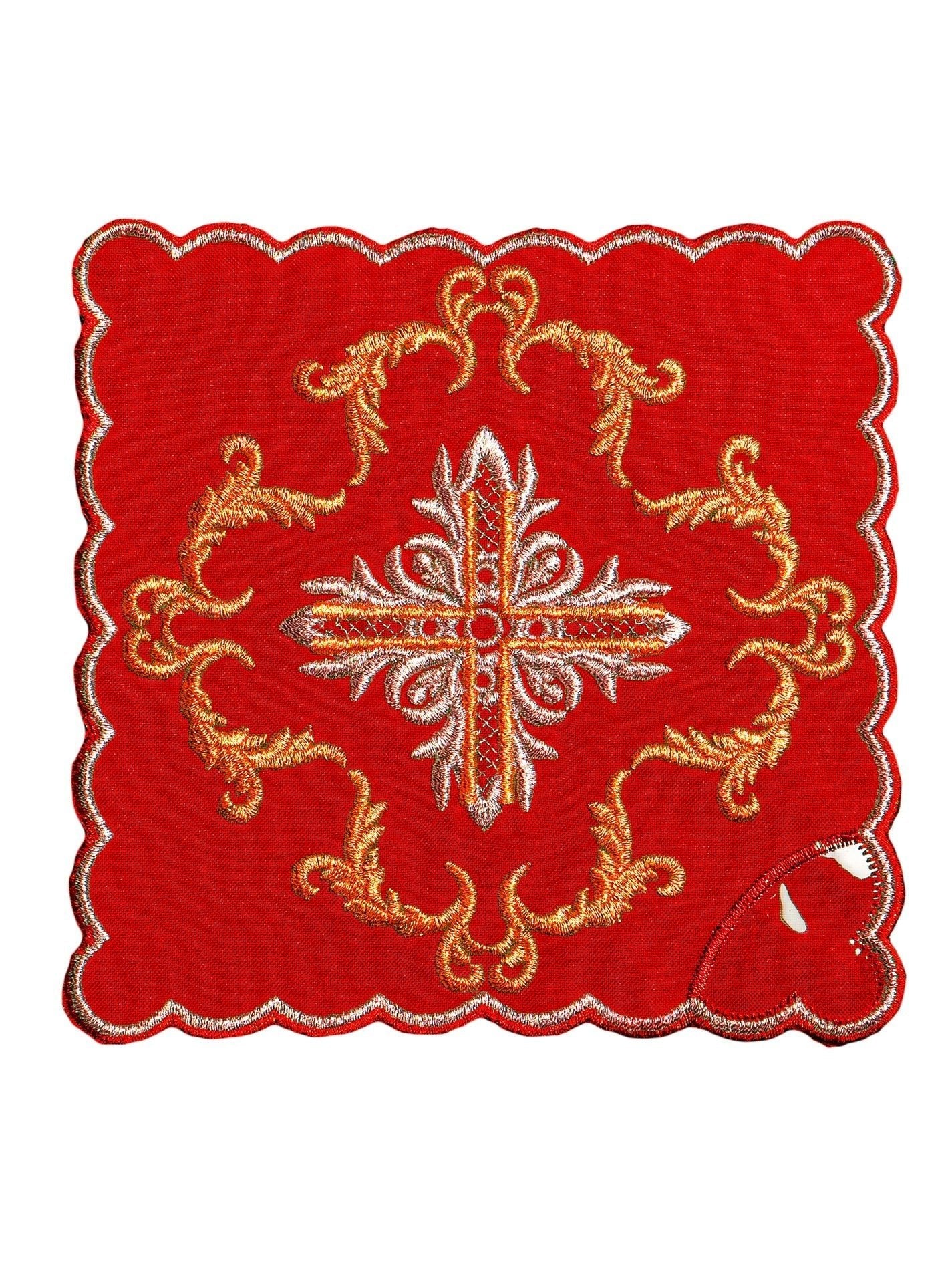 Chalice linens in red with silver cross KK/151/02 - HAFTINAUSA.COM