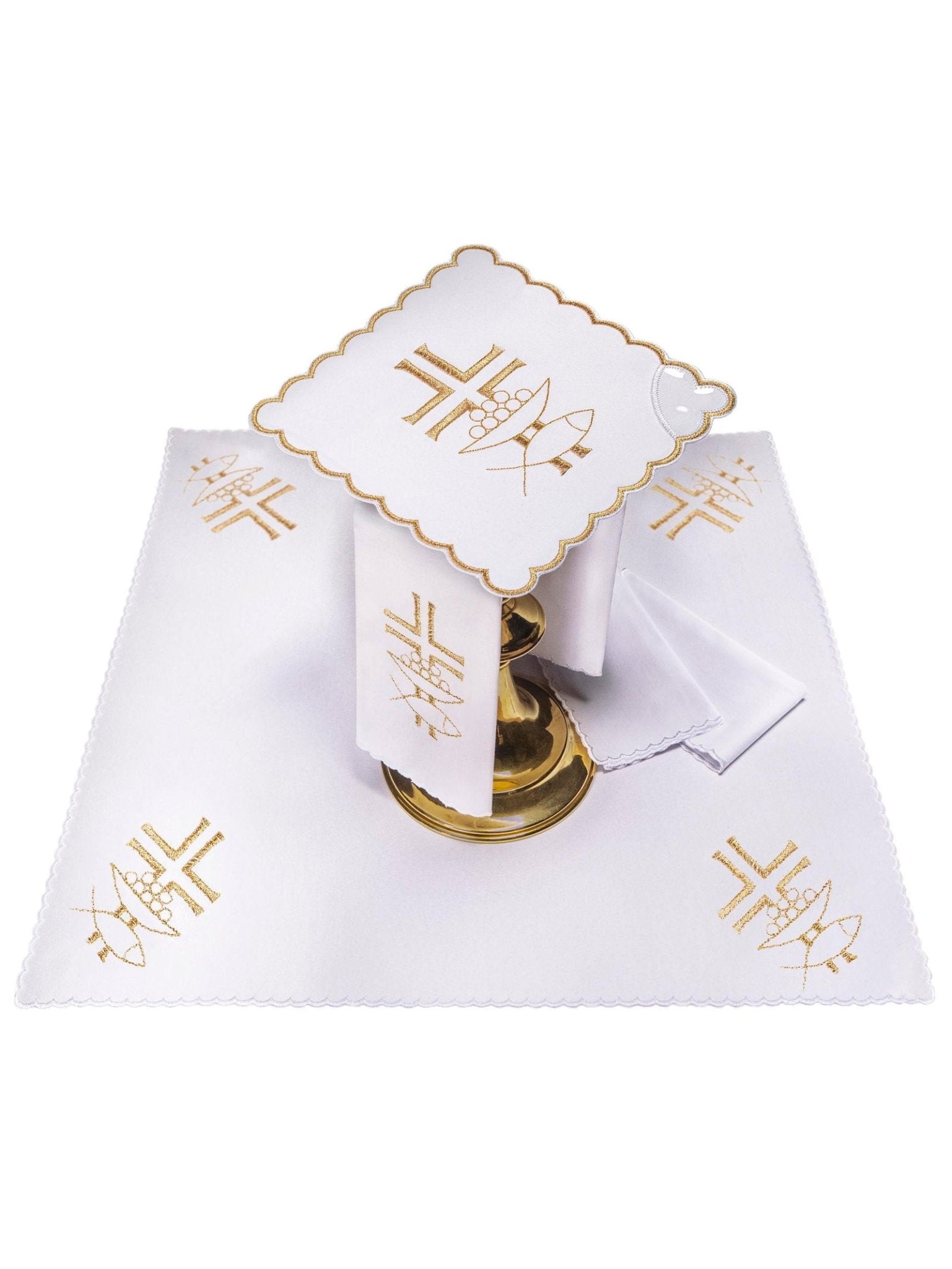 Chalice linens set with gold cross and Ichthys KK/005 - HAFTINAUSA.COM