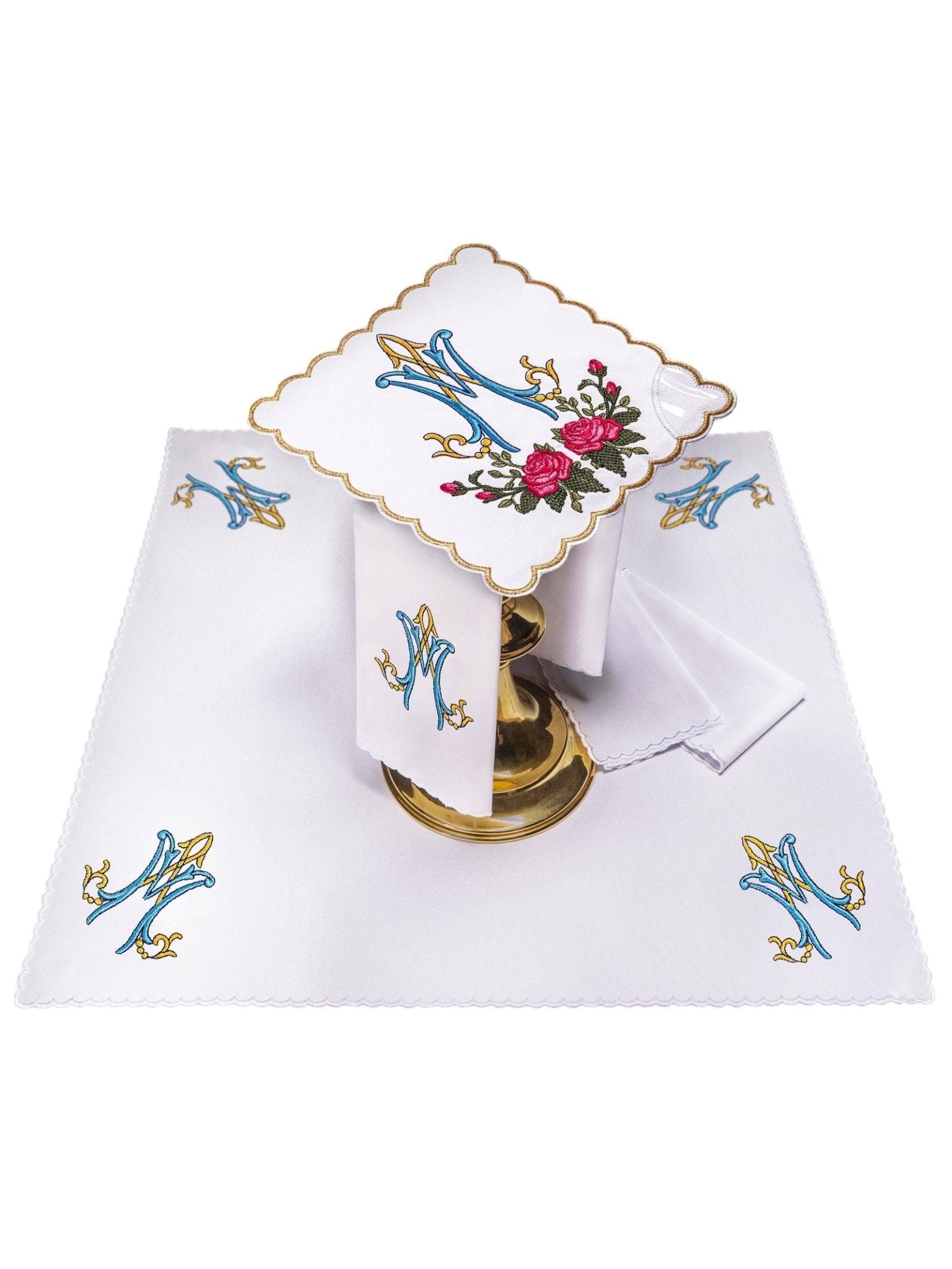 Chalice Linens with red and blue Marian Embroidery KK/078 - HAFTINAUSA.COM
