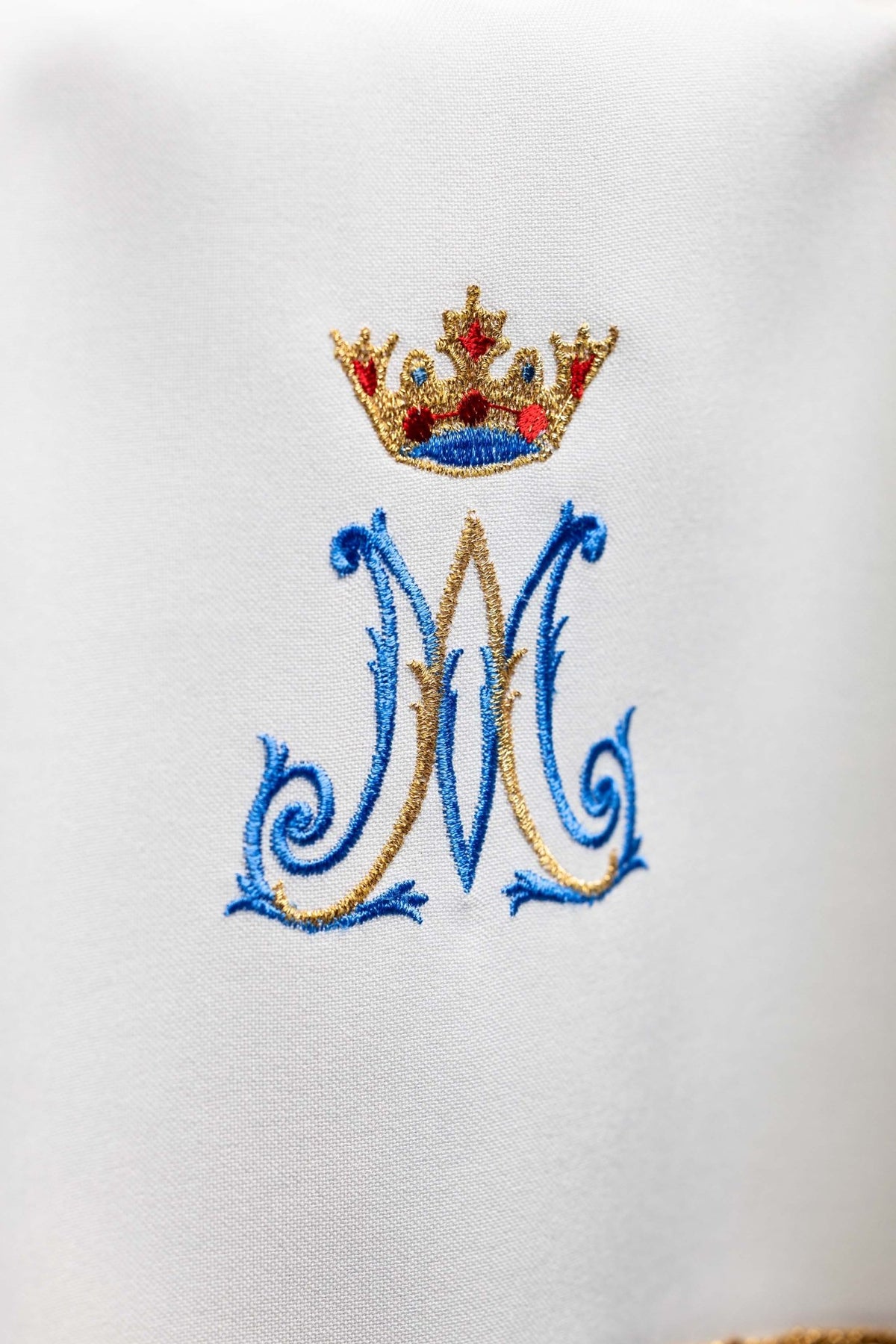 Close-up of the Chalice Veil with Marian Embroidery showing crowned Marian monogram