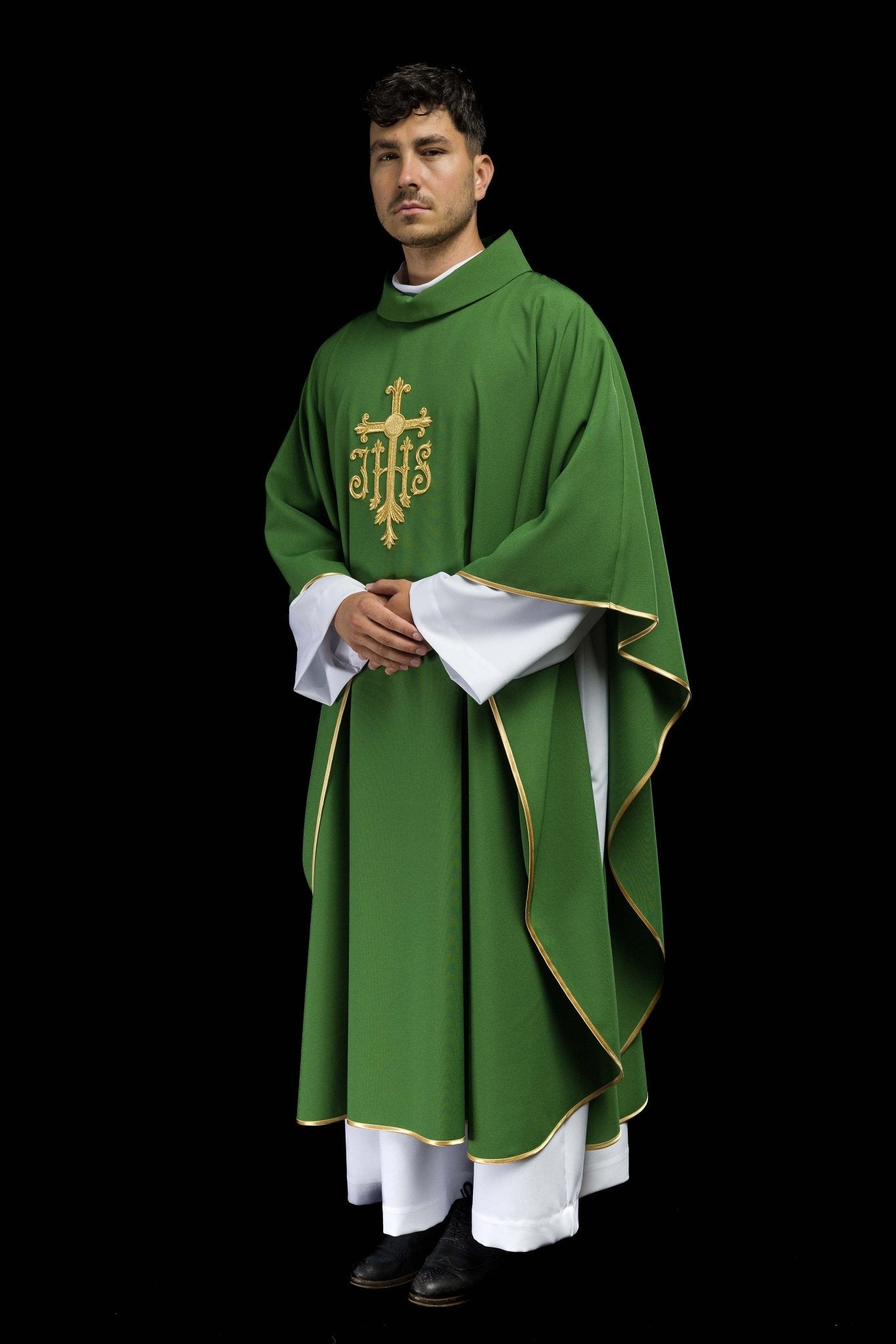 Chasuble embroidered with IHS symbol in green KOR/255/01/12 - CHASUBLES.COM