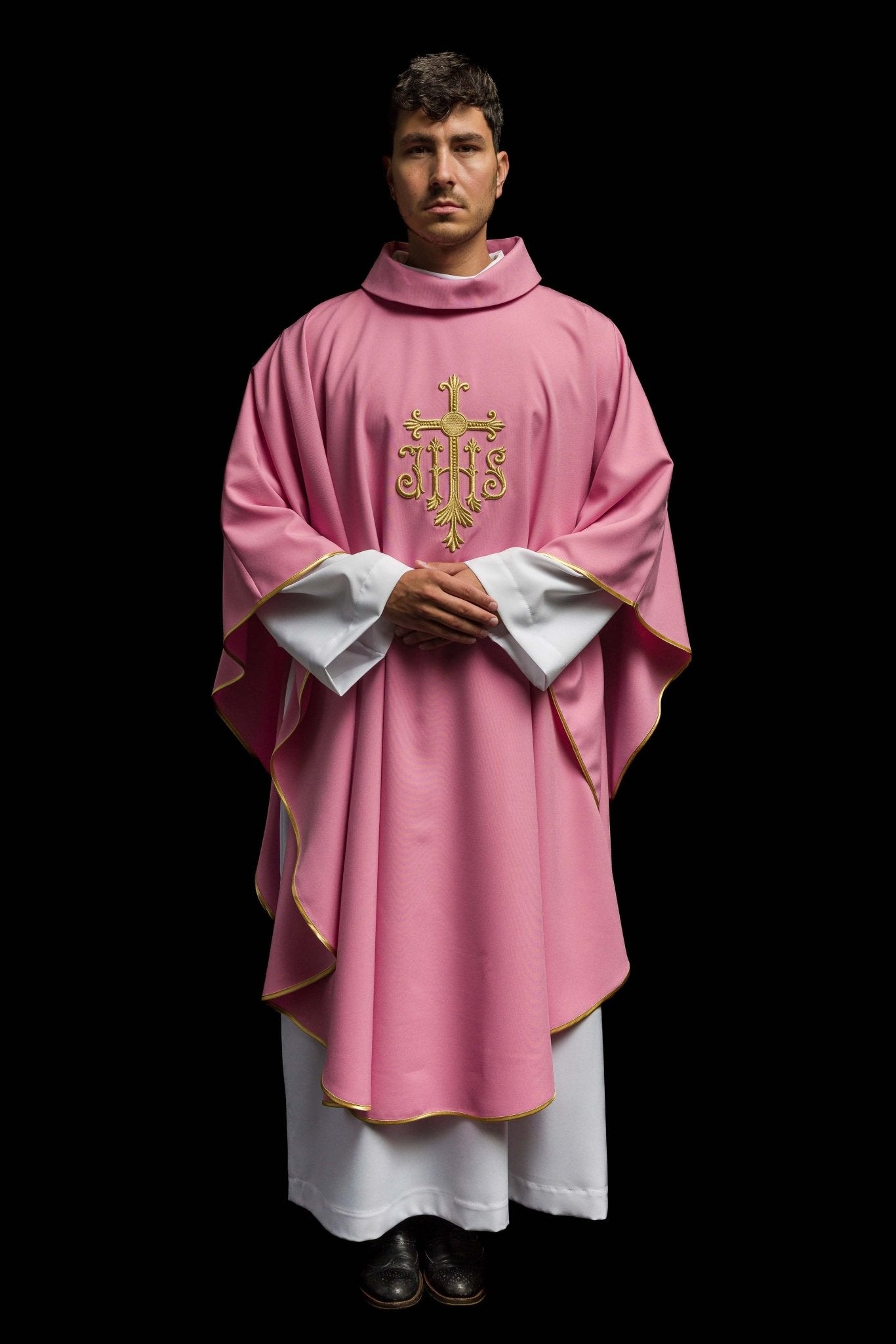 Chasuble embroidered with IHS symbol in pink KOR/255/08/12 - CHASUBLES.COM