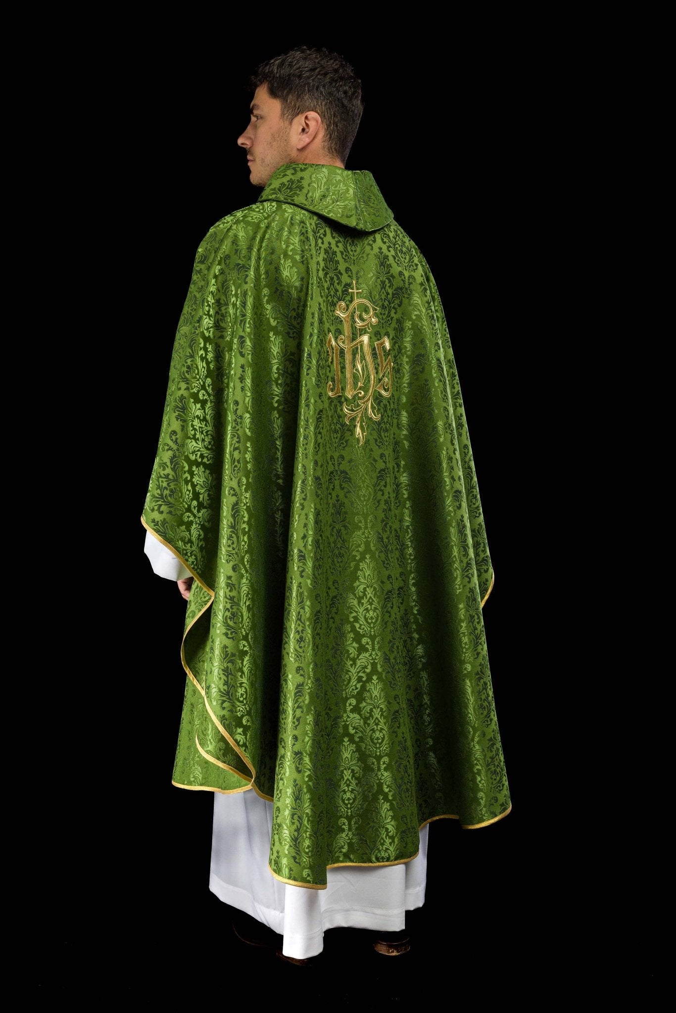 Chasuble made of green floral ornamental texture with classic IHS LE/7032/01 - CHASUBLES.COM