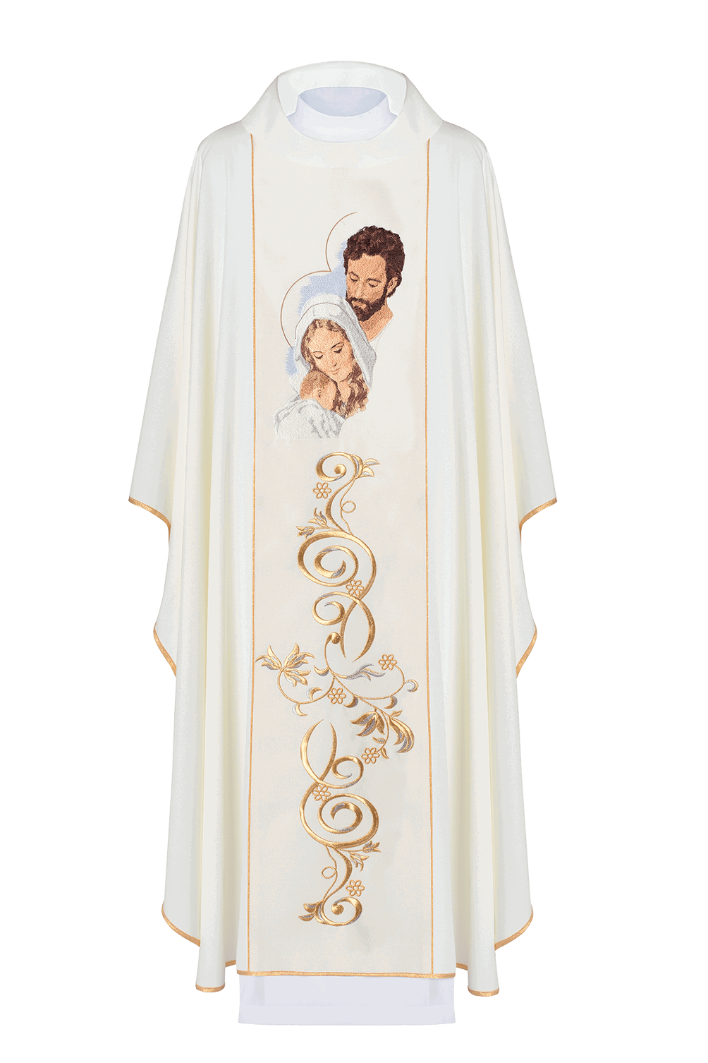 Chasuble richly embroidered with an image of the Holy Family in ecru KOR/196/05/01 ECRU - HAFTINAUSA.COM