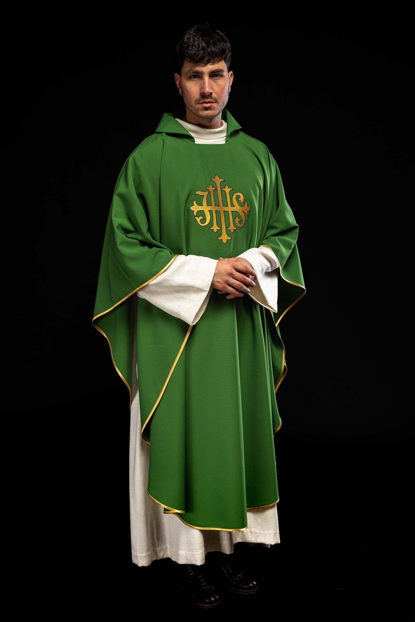 Chasuble with embroidered JHS symbol and wide collar green KOK/005/01/12/KARO - HAFTINAUSA.COM