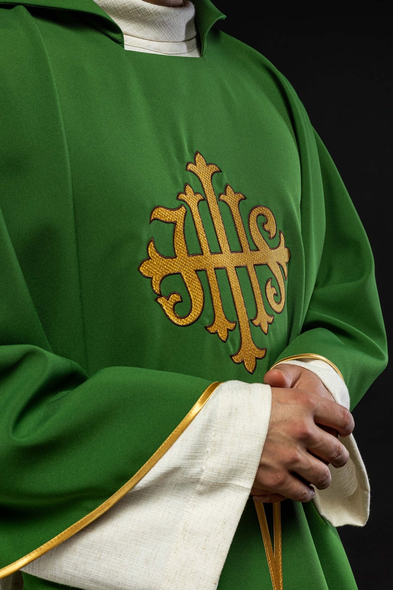 Chasuble with embroidered JHS symbol and wide collar green KOK/005/01/12/KARO - HAFTINAUSA.COM