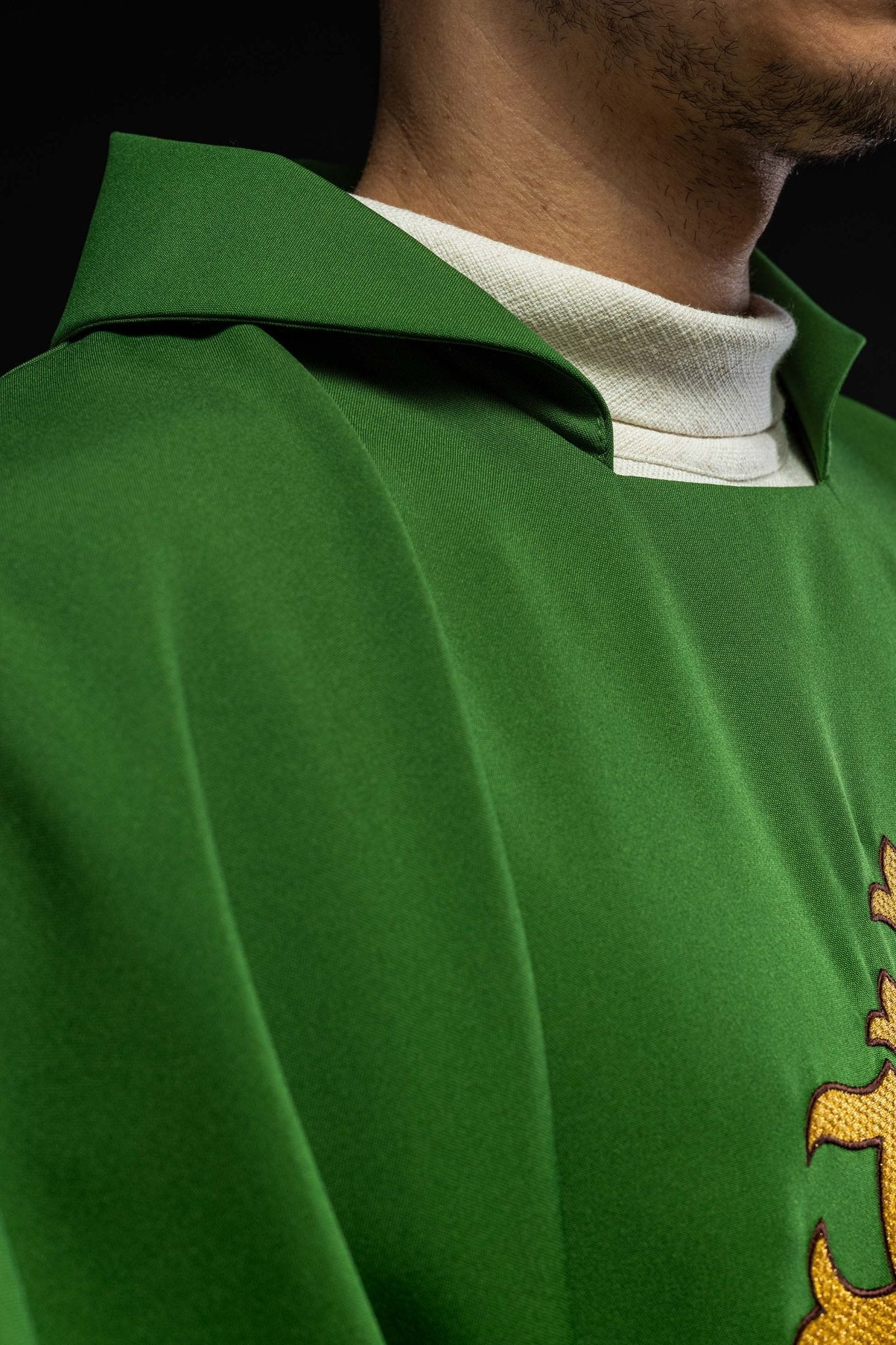 Chasuble with embroidered JHS symbol and wide collar green KOK/005/01/12/KARO - HAFTINAUSA.COM
