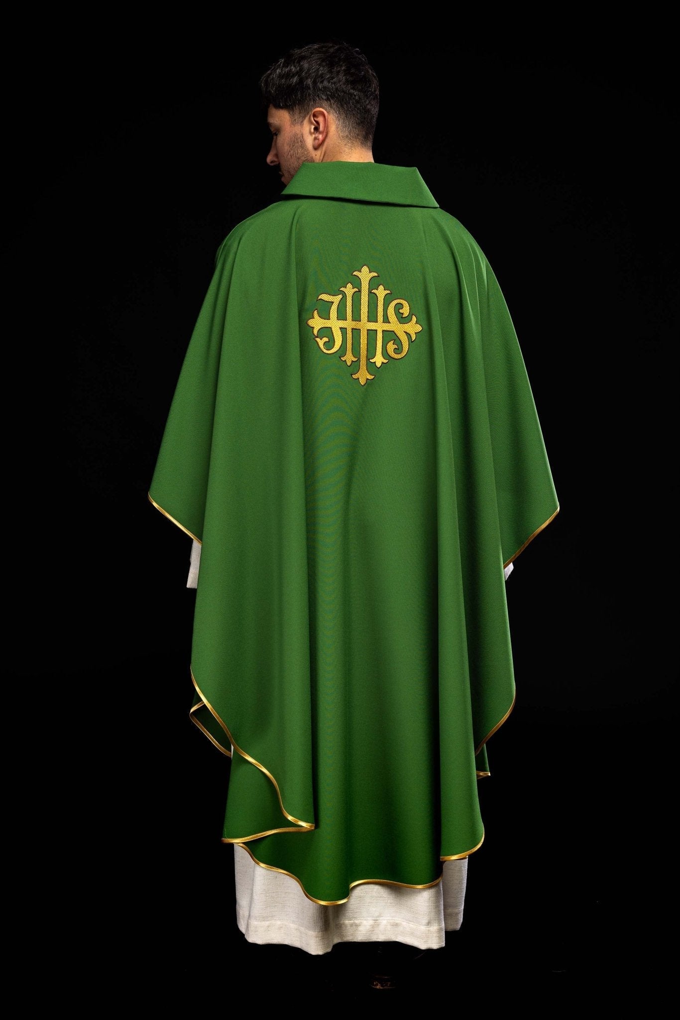 Chasuble with embroidered JHS symbol and wide collar green KOK/005/01/12/KARO - HAFTINAUSA.COM