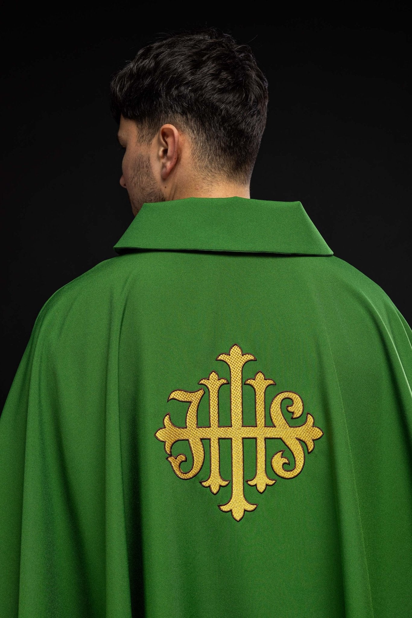 Chasuble with embroidered JHS symbol and wide collar green KOK/005/01/12/KARO - HAFTINAUSA.COM