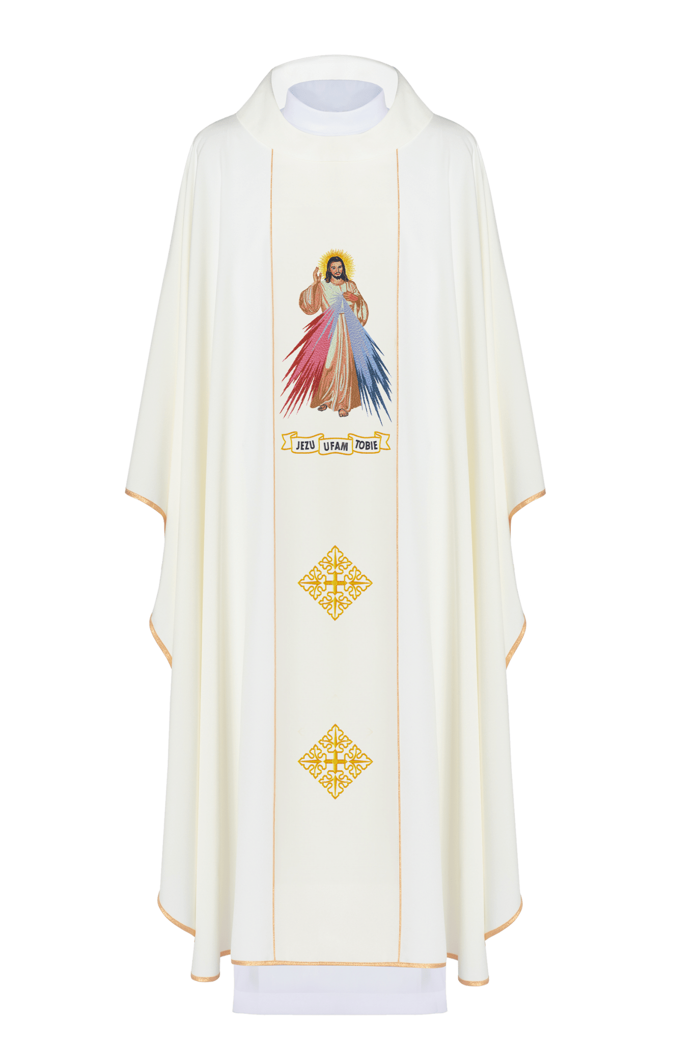 Chasuble with embroidered Merciful Jesus and IHS symbol KOR/113/5 Ecru KOR/113/05/01 ECRU - HAFTINAUSA.COM