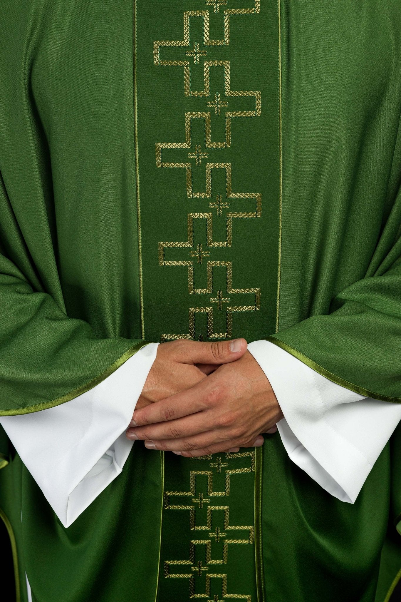 Chasuble with richly embroidered belt in embroidery of crosses in green color S-7060-01-53 - CHASUBLES.COM
