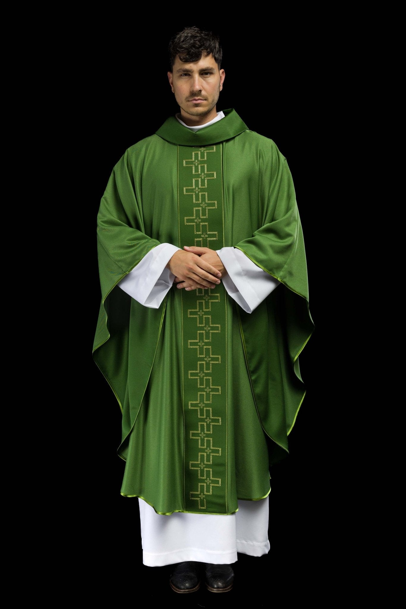 Chasuble with richly embroidered belt in embroidery of crosses in green color S-7060-01-53 - CHASUBLES.COM