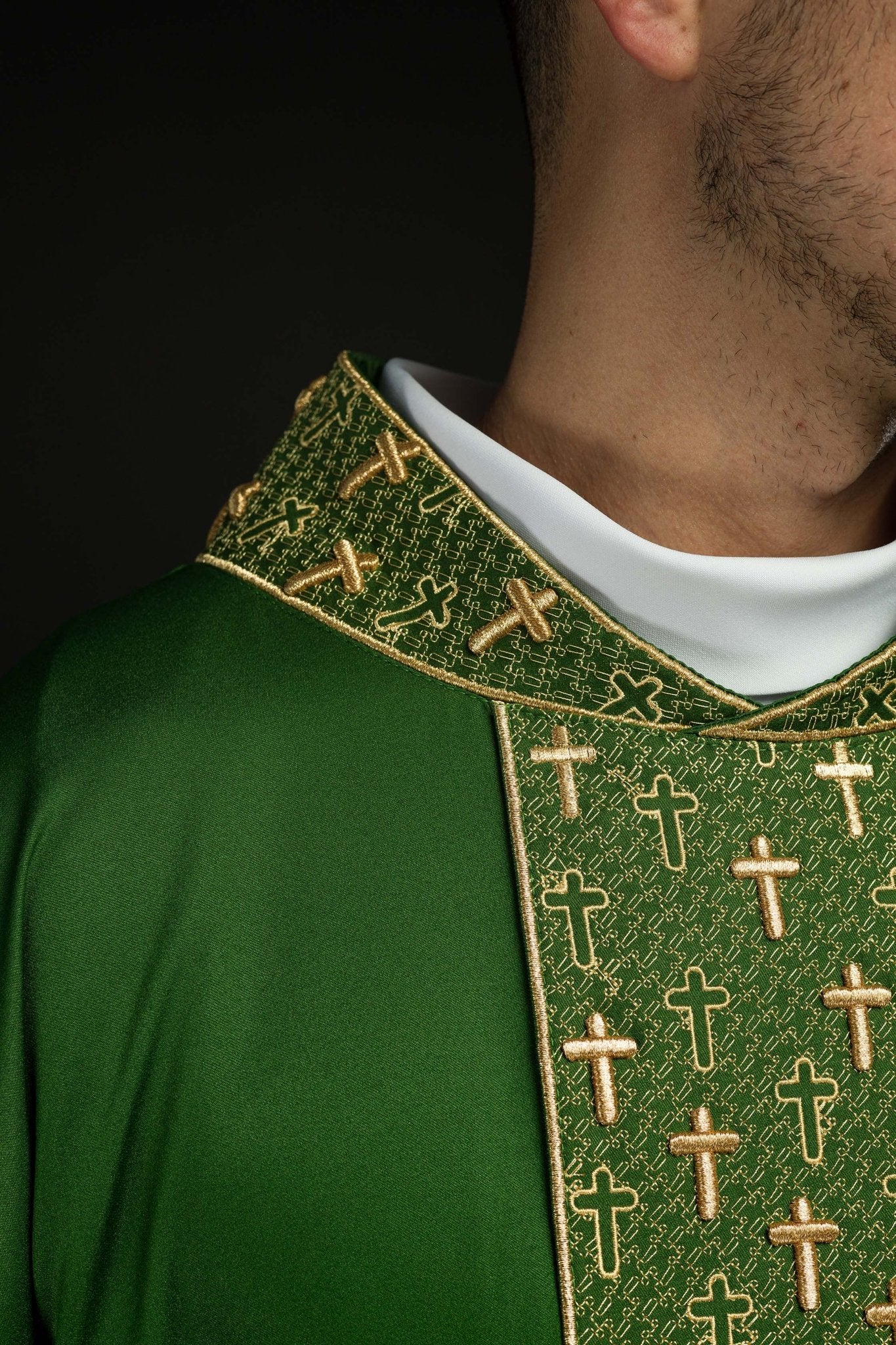 Chasuble with richly embroidered belt in green crosses S-7062-01-53 - CHASUBLES.COM