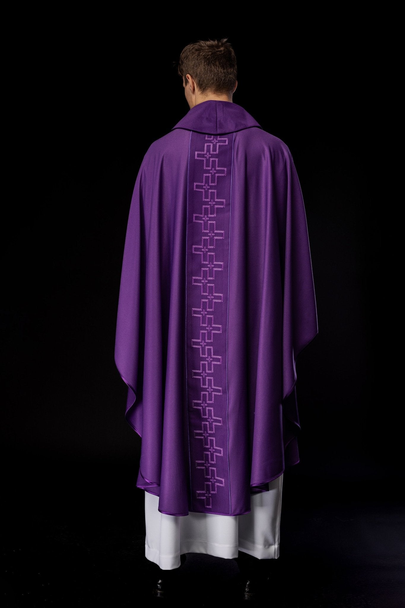 Chasuble with richly embroidered orphrey in embroidery of crosses in purple color S - 7060 - 03 - 53 - HAFTINAUSA.COM