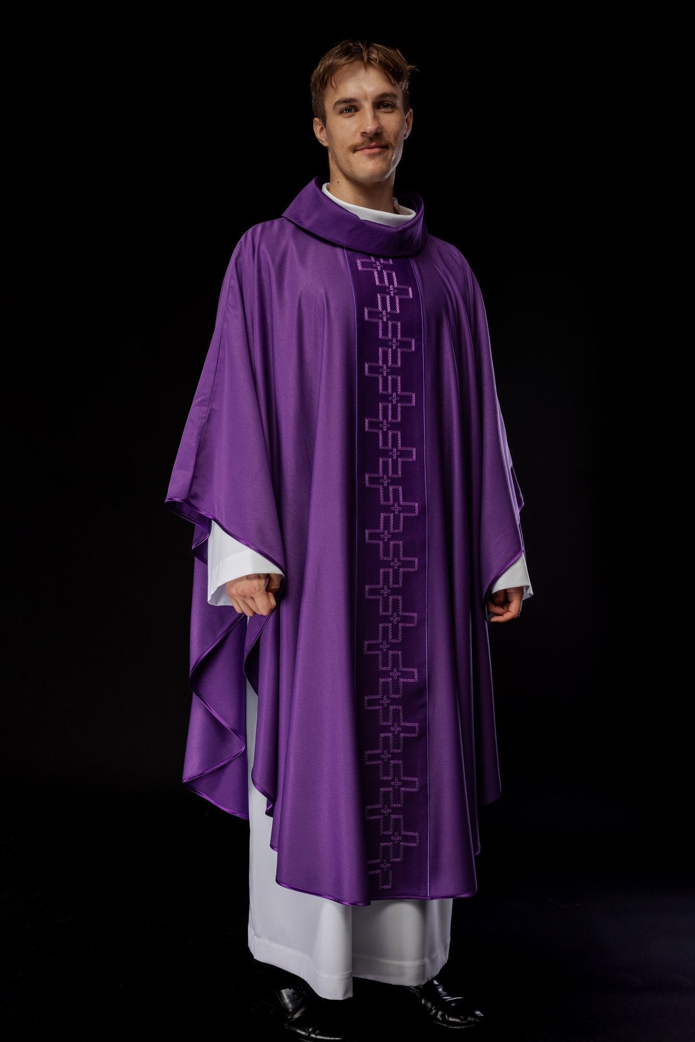 Chasuble with richly embroidered orphrey in embroidery of crosses in purple color S - 7060 - 03 - 53 - HAFTINAUSA.COM