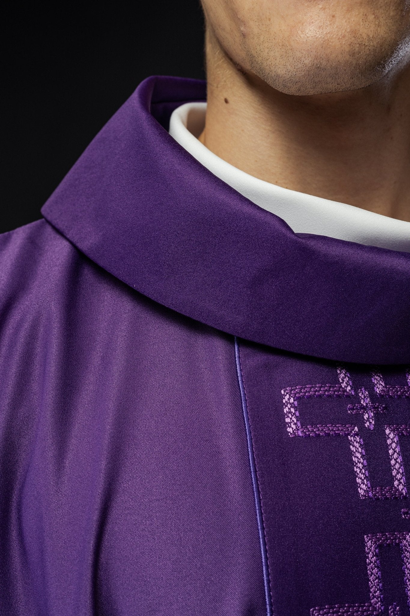 Chasuble with richly embroidered orphrey in embroidery of crosses in purple color S - 7060 - 03 - 53 - HAFTINAUSA.COM