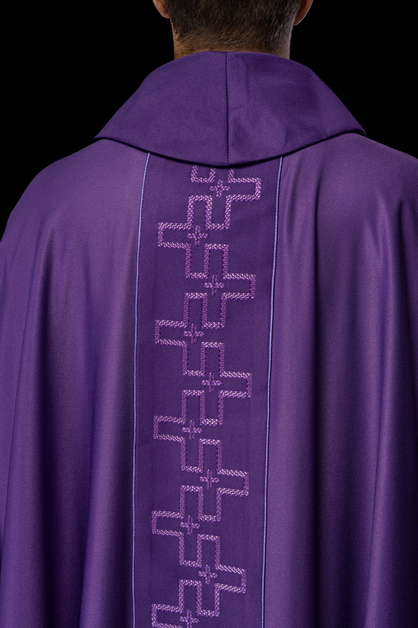 Chasuble with richly embroidered orphrey in embroidery of crosses in purple color S - 7060 - 03 - 53 - HAFTINAUSA.COM