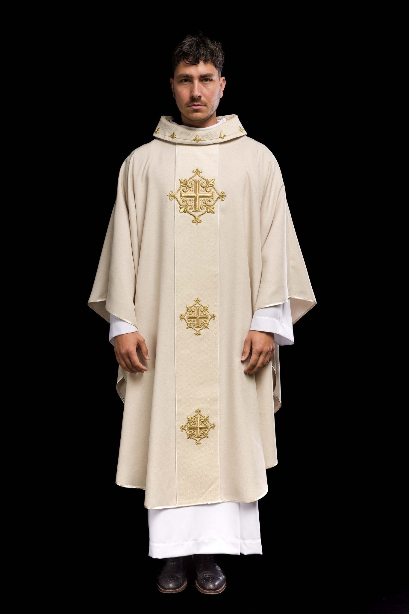 Chasuble with Velvet Ecru Band and Cross Embroidery LE/7030/05 - HAFTINAUSA.COM